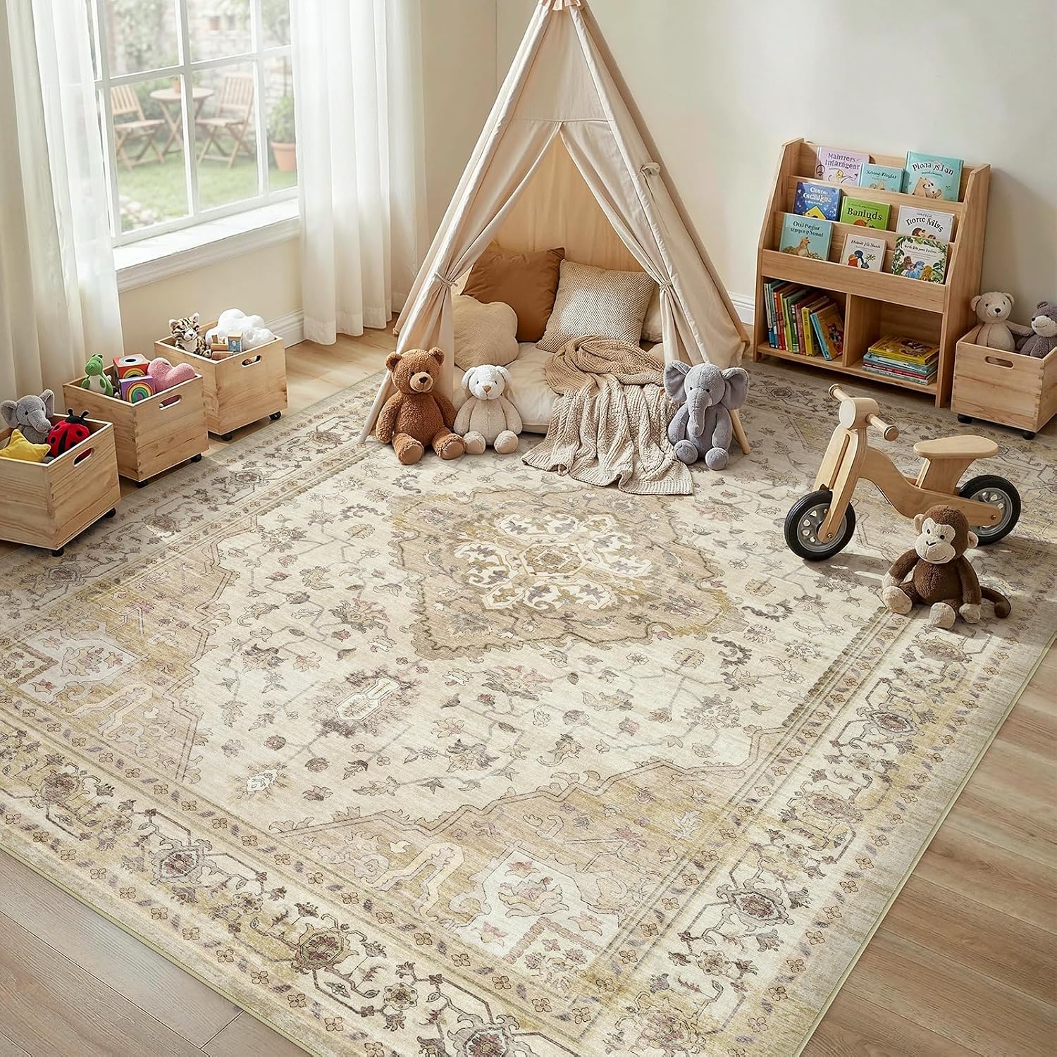 10x12 Living Room Area Rugs, Vintage Washable Rugs Non-Slip Large Carpet for Bedroom Office Dining Room Kitchen, Soft Thin Stain Resistant Retro Neutral Rug, Beige