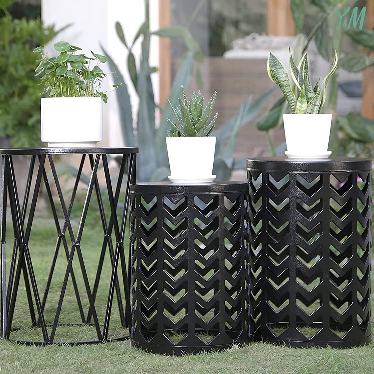 Y&M Set of 3 Black End Tables, Nesting Metal Round Coffee Table, Heavy Duty Meta Plant Stand Decorative Garden Stool, Outdoor Multifunctional Use