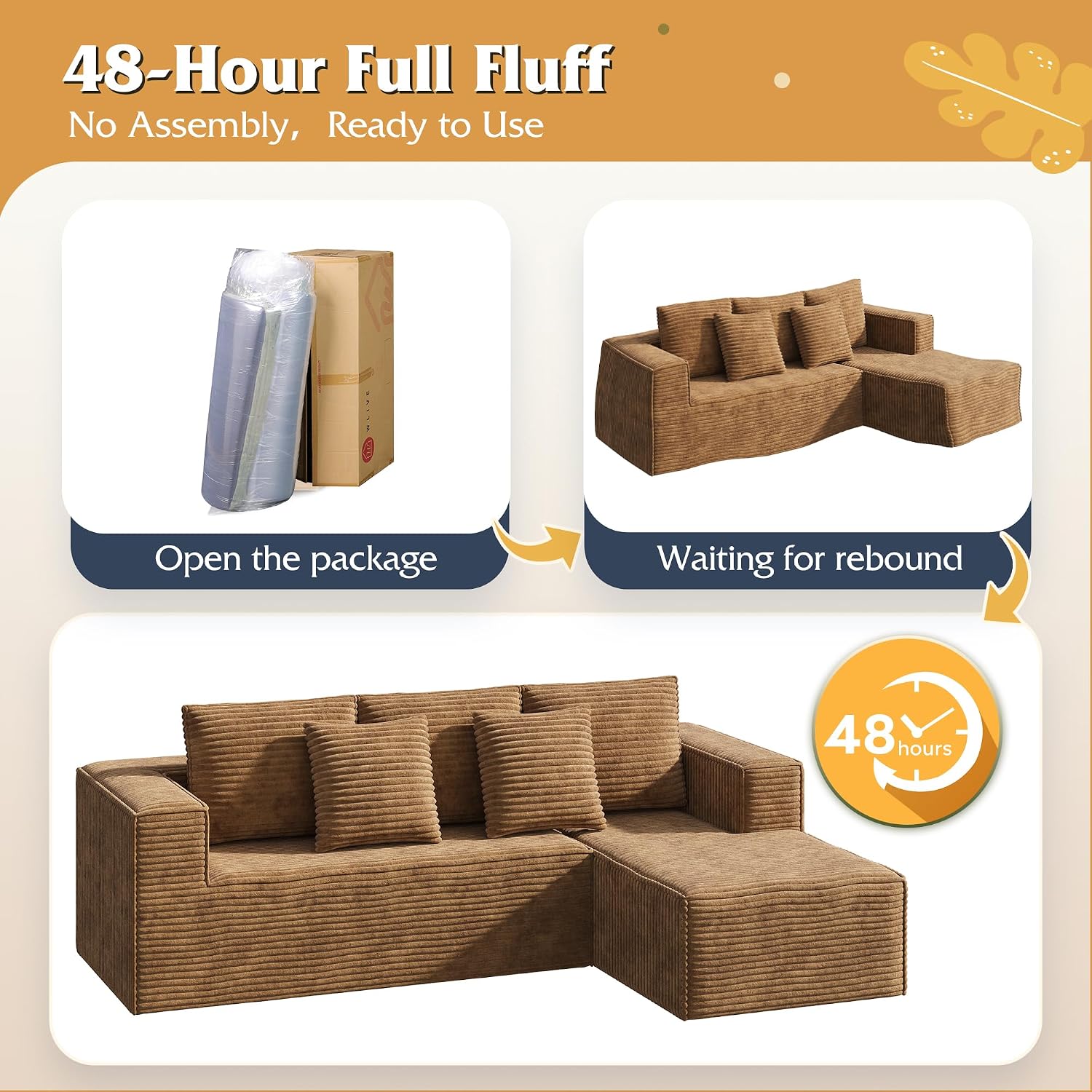 WLIVE 108'' Cloud Sectional Couches for Living Room, Modular Boneless Couch with Right Facing Chaise, L Shape Memory Foam Corduroy, with Cushion, Brown