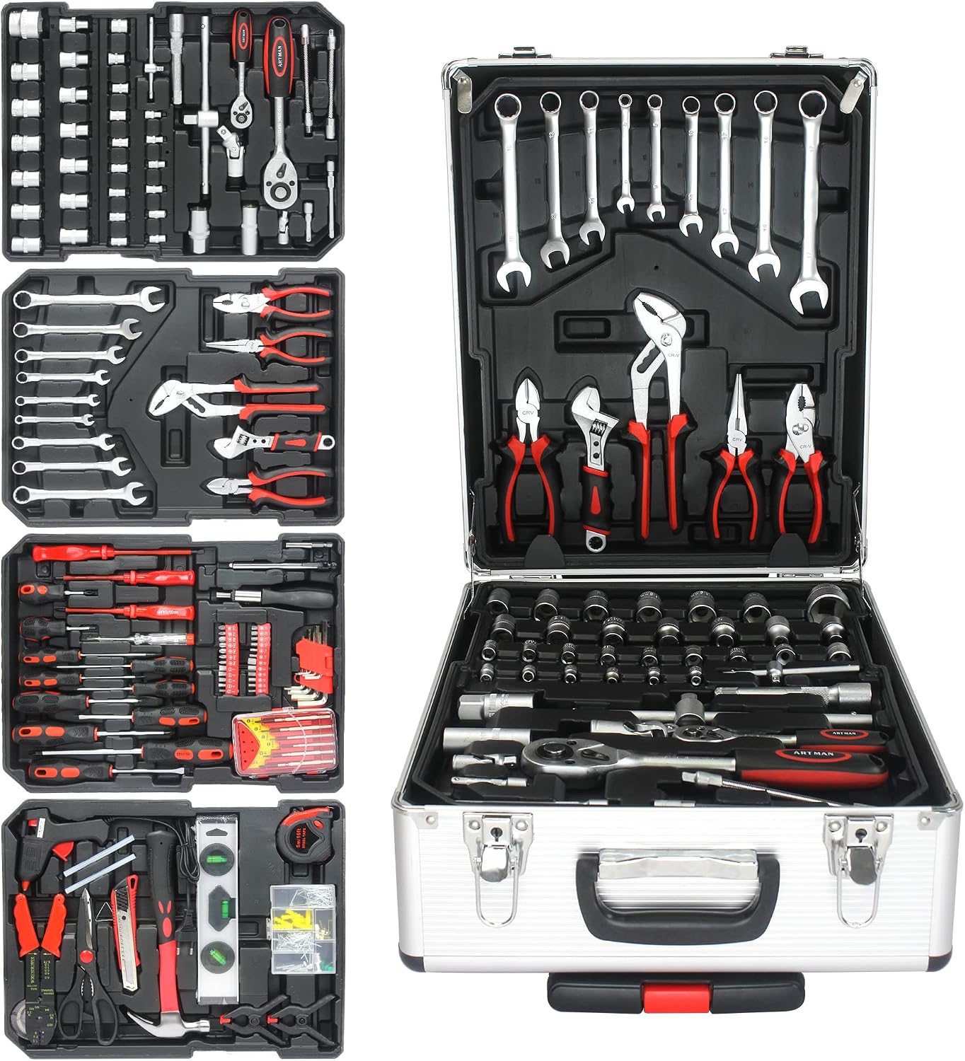 899pcs Rolling Tool Box Set with Lock,Rolling Trolley Case Tool Sets, 4 Layer of Tool Sets 90 Piece Tool Kits on Wheel, Wrench Socket Rolling Hand Tool Box Tool Kit for Garage,Repair Kit(White)