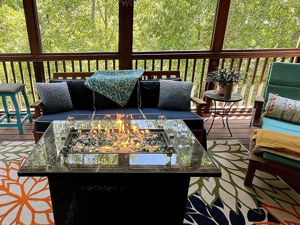44in Outdoor Fire Pit Table with Natural Gas Conversion Kit, 50,000 BTU Auto-Ignition Gas Firepit with Glass Wind Guard, Marble Tile Tabletop, Mixed Color Glass Rocks, Brown PE Rattan…
