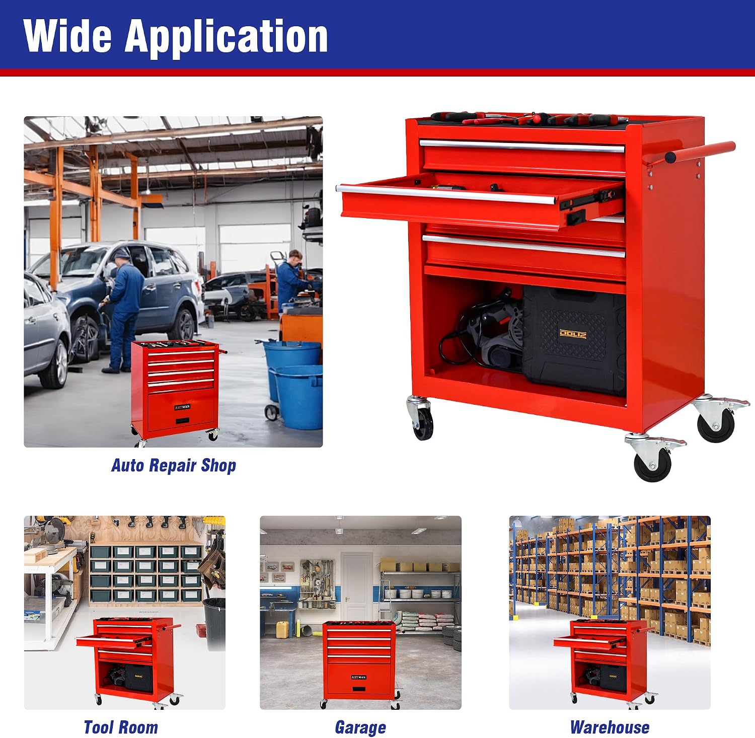 4 Drawers Tool Cart on Wheels, 4 Drawer Rolling Tool Chest, Trolley Organizer Tool Box Tool Case with 1 Cabinet, Multifunctional Tools Case for Garage,Warehouse,Workshop,Repair Shop (Red)