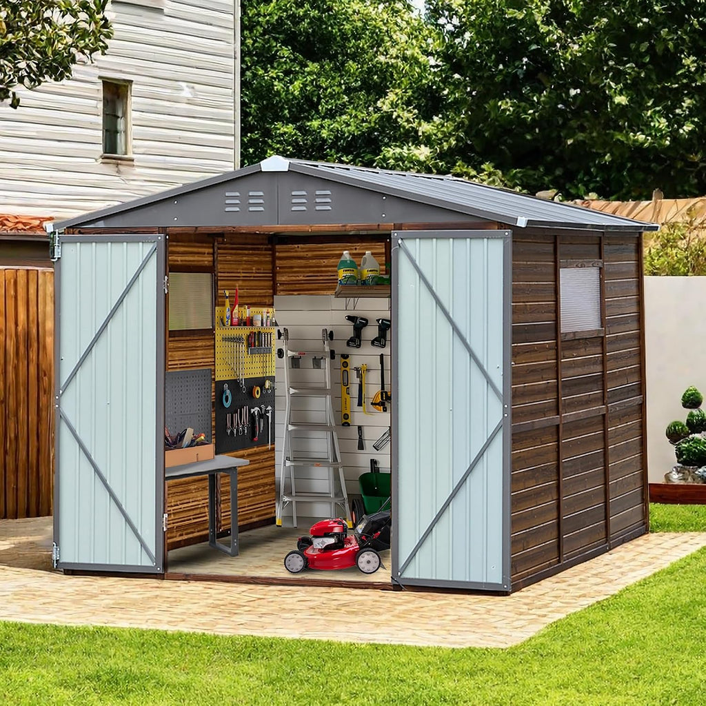 8x8 FT Outdoor Tool Shed, Wood-Iron Combination Storage Shed with Ventilation, Weather-Resistant Roof, Lockable Doors & Wood Grain Finish for Backyard and Garden