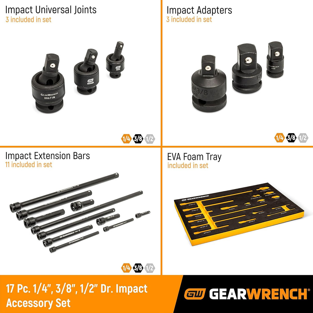 GEARWRENCH 17 Piece 1/4', 3/8', 1/2' Impact Drive Tool Accessories Set with EVA Foam Tray - 86524
