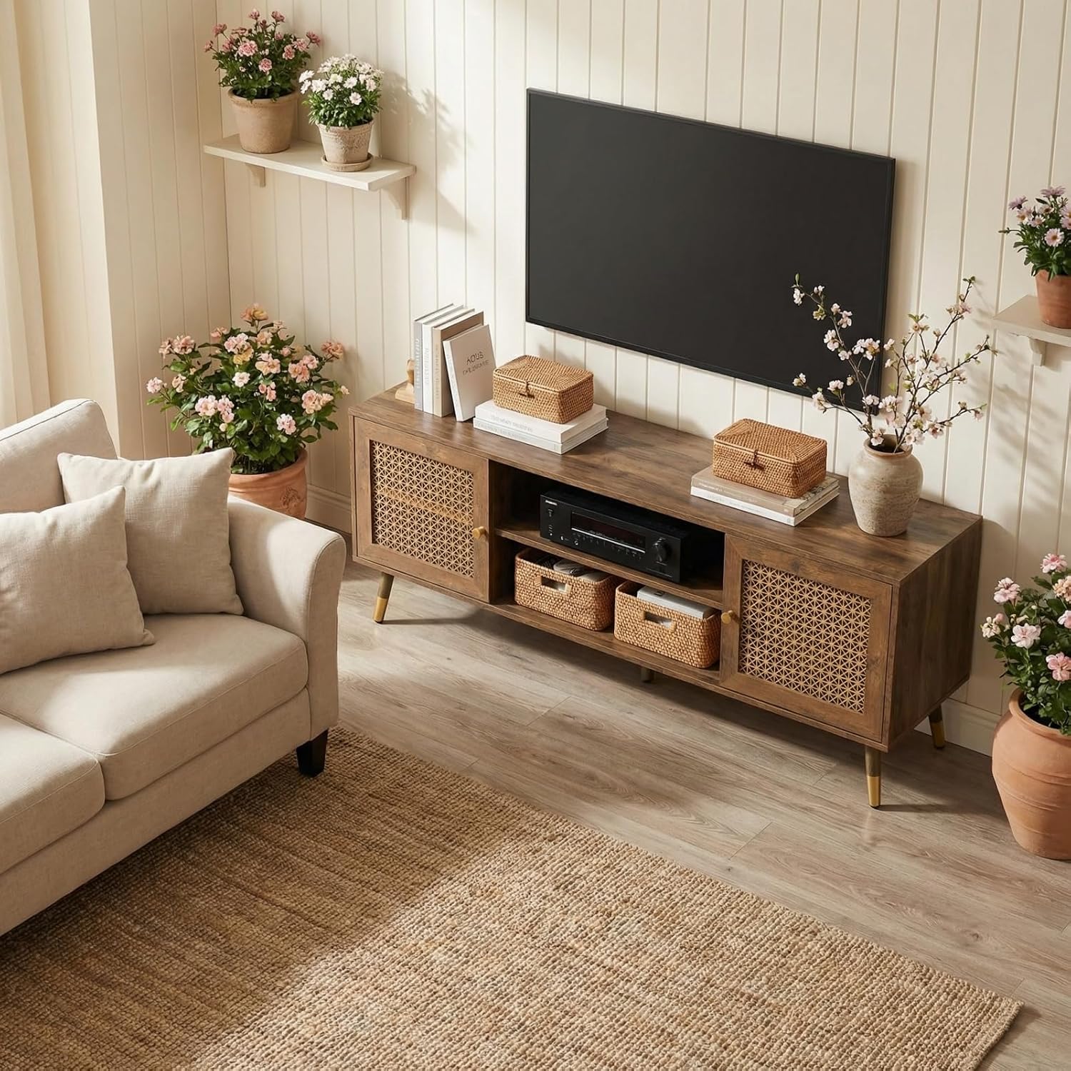 66 Inch TV Stand for 70 Inch TVs, Mid Century Modern Media Console, Long Entertainment Center with Storage Cabinet, Oak Wood Grain Finish for Rustic & Farmhoue Living Room Decor