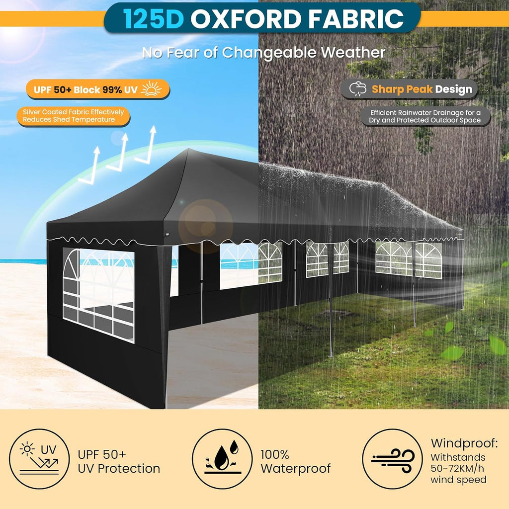 HOTEEL Party Tent 10x30 Pop Up Canopy with 8 Sidewalls, Waterproof UPF50+ for Backyard and Events, Easy Setup with Wheeled Bag & 4 Weight Bags, Extra Height, Black