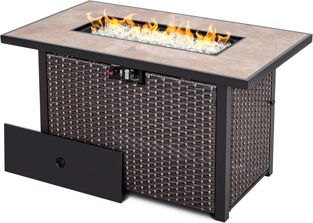 Nuu Garden Outdoor 43 Inch 50,000 BTU Propane Gas Fire Pit Table, Propnae Fire Pit with Ceramic Tabletop, Oxford Cover, Dark Brown and Coffee