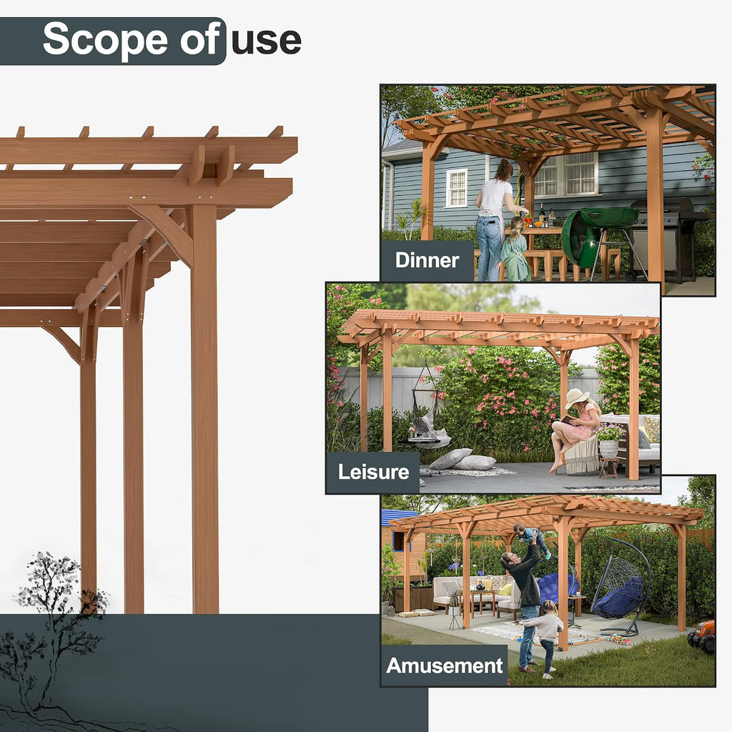Pergola Gazebo Cover for Climbing Plants, Cedar Wood Garden Structure with Sturdy Frame for Backyard, Patio, Deck, Lawn, Yard Shade, Brown (12 x 16 FT)