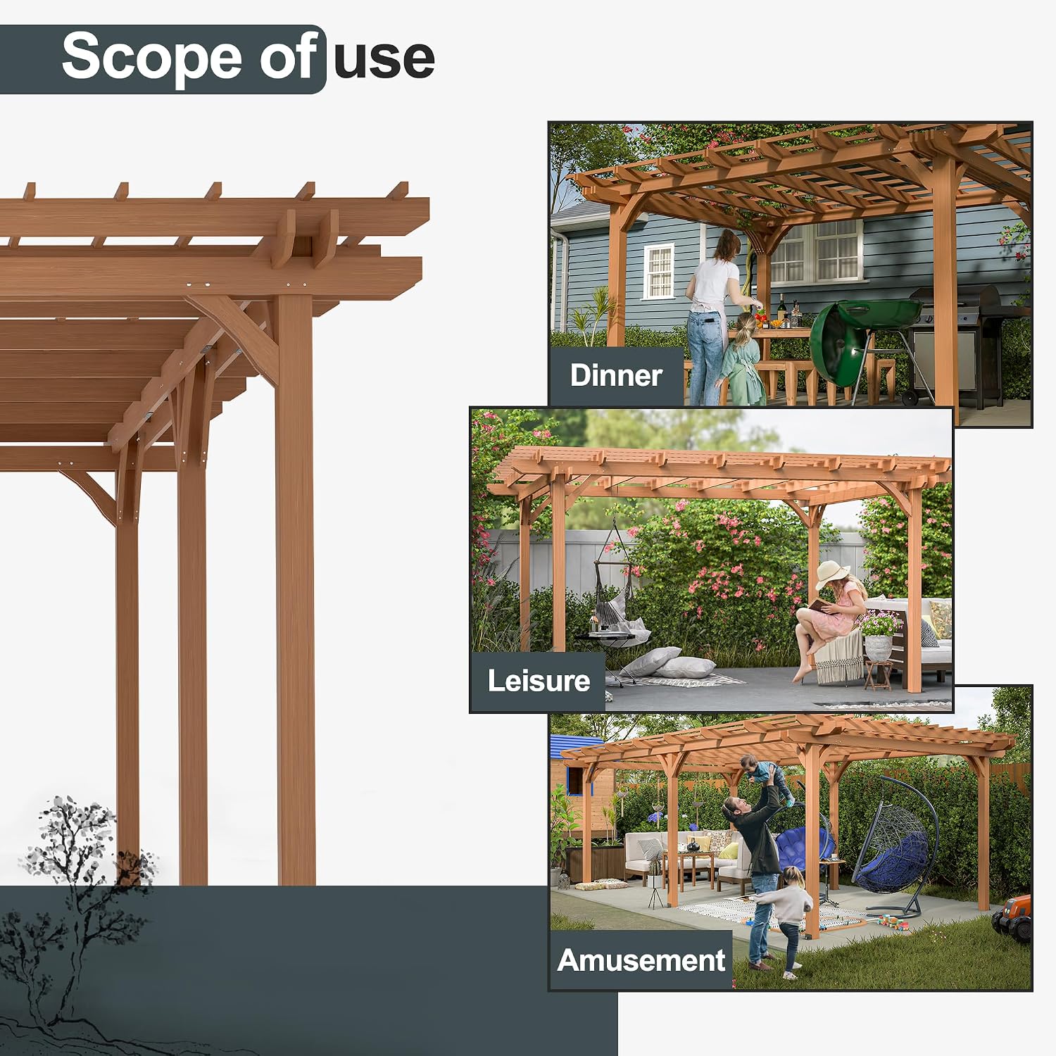 Pergola Gazebo Cover for Climbing Plants, Cedar Wood Garden Structure with Sturdy Frame for Backyard, Patio, Deck, Lawn, Yard Shade, Brown (12 x 16 FT)
