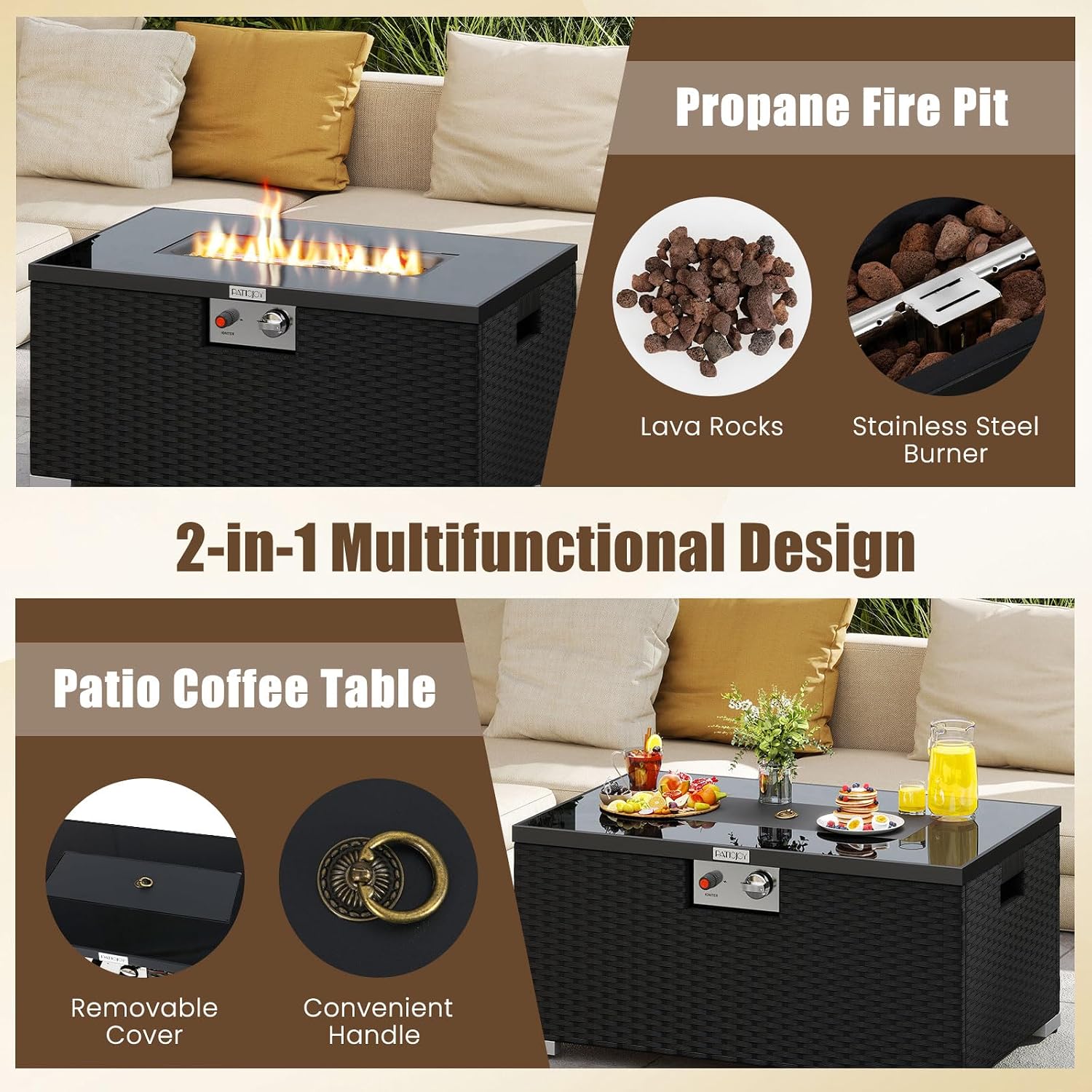 Tangkula 2 Piece Propane Fire Pit Table Set with Tank Cover, Outdoor Rattan Gas Firepit with Lid, Tempered Glass Tabletop, Protective Cover, 40,000 BTU Rectangle Fire Table Set for Outside (Black)