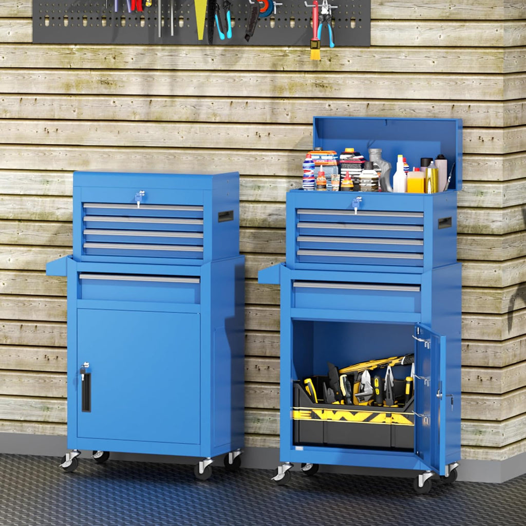 INTERGREAT Blue Tool Chest, 5-Drawer Rolling Tool Chest with Detachable Top Tool Box, Tool Chests with Universal Lockable Wheels, Metal Tool Cart for Garage, Workshop, Barbershop