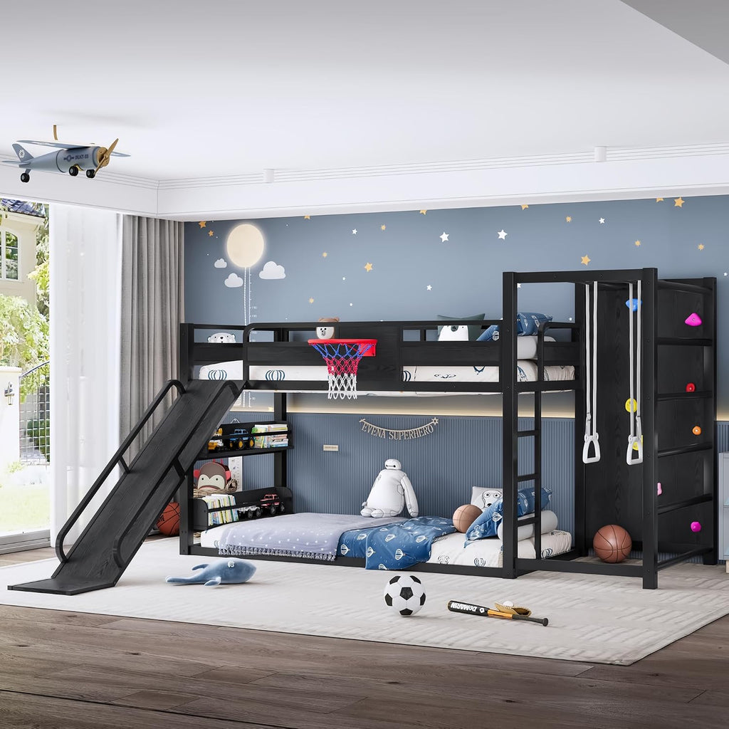 SOFTSEA Twin XL Metal Loft Bed with Slide & Basketball Hoop, Heavy Duty Bunk Bed with Storage Shelves, Climbing Wall & Pull Up Rings, Playful Basketball Slide Bed Frame, Black