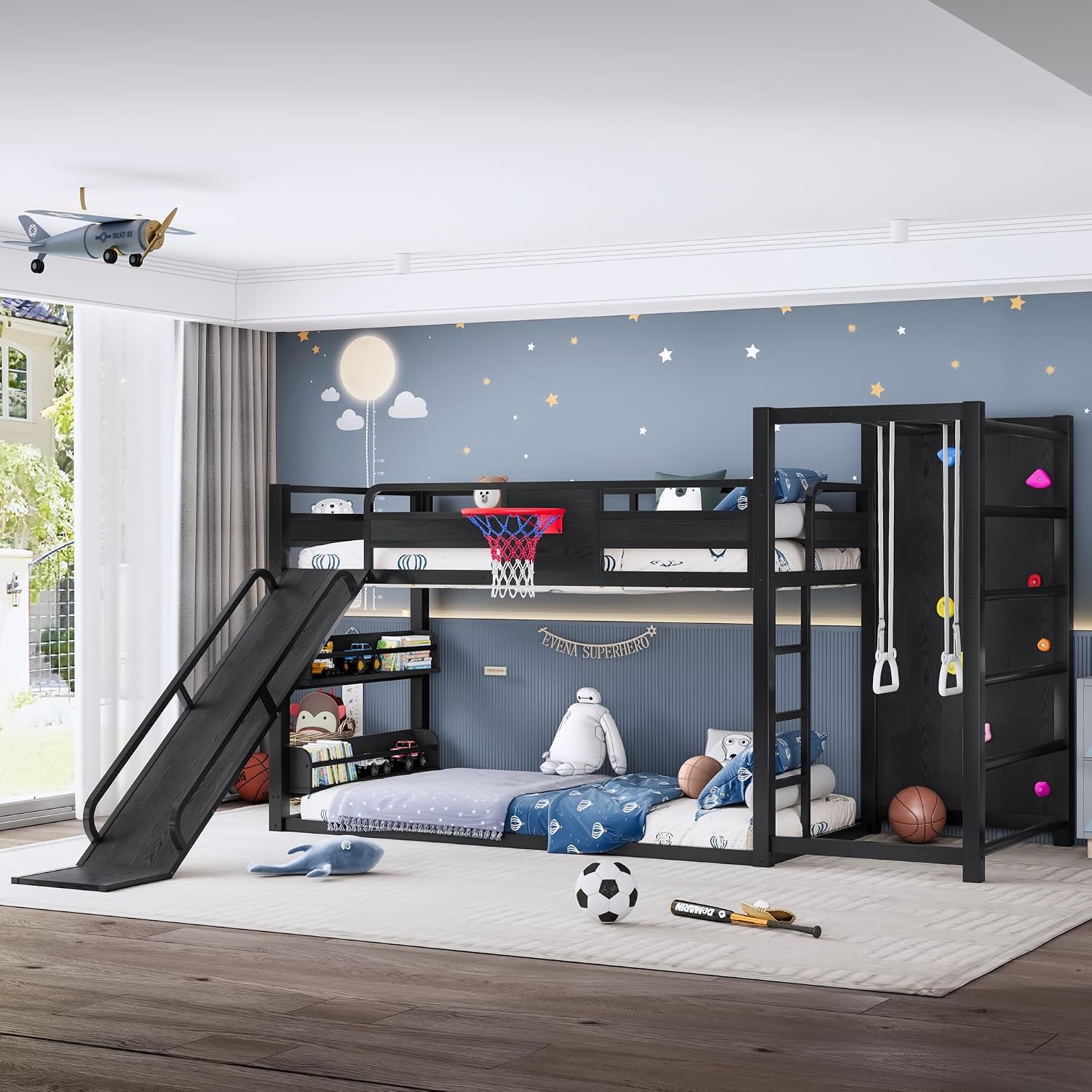 SOFTSEA Twin XL Metal Loft Bed with Slide & Basketball Hoop, Heavy Duty Bunk Bed with Storage Shelves, Climbing Wall & Pull Up Rings, Playful Basketball Slide Bed Frame, Black