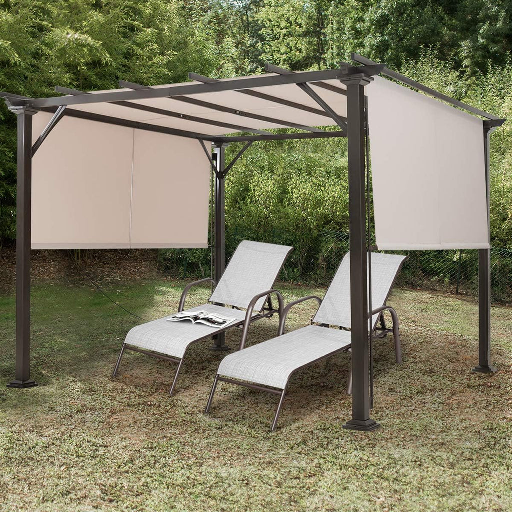 Tangkula 10x10FT Outdoor Patio Shade Structure, Steel Pergola with Retractable Canopy Shades, Rustproof Metal for Patio, Backyard, Garden (Beige)