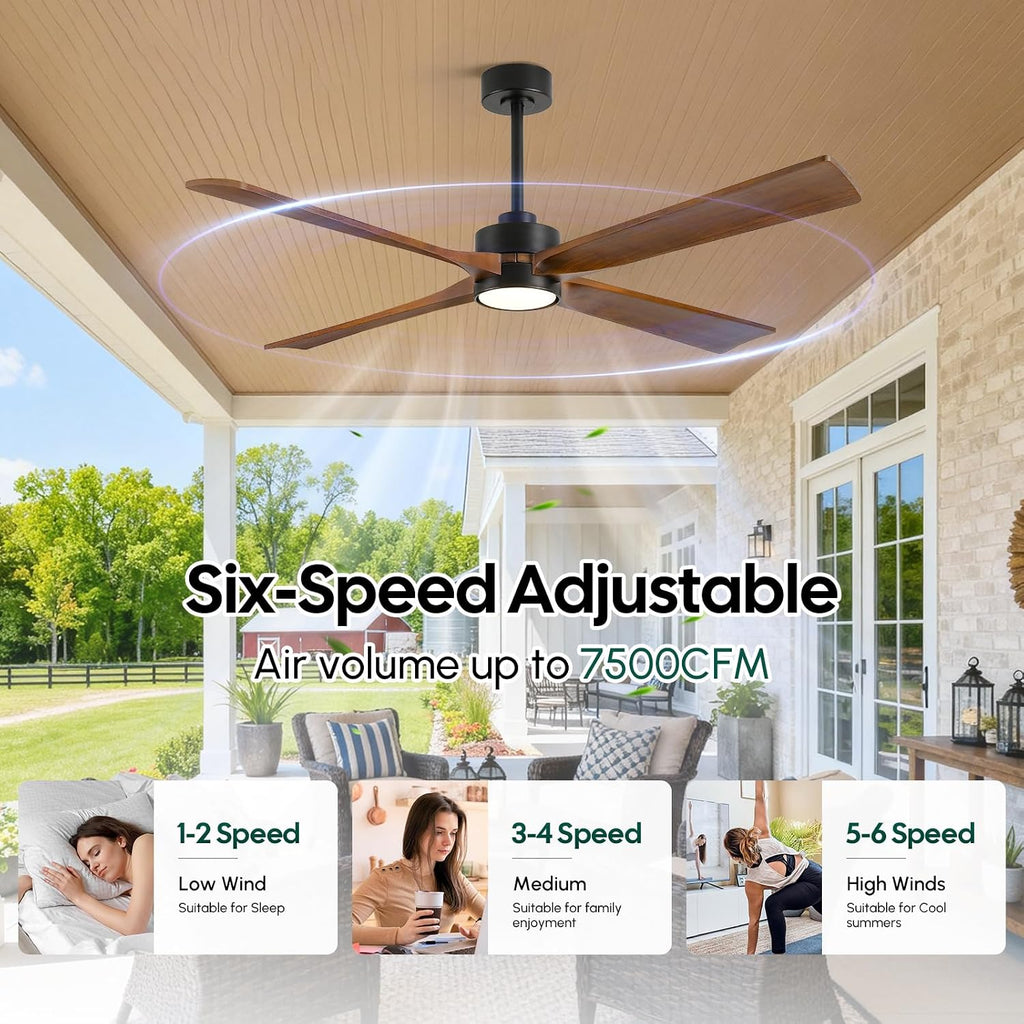52 Inch Outdoor Ceiling Fan with Lights Remote, Smart Control via Alexa/App, High CFM Quiet Reversible DC Motor, Modern Farmhouse Solid Wood Blades Damp Rated, for Indoor Living Room Exterior Patio