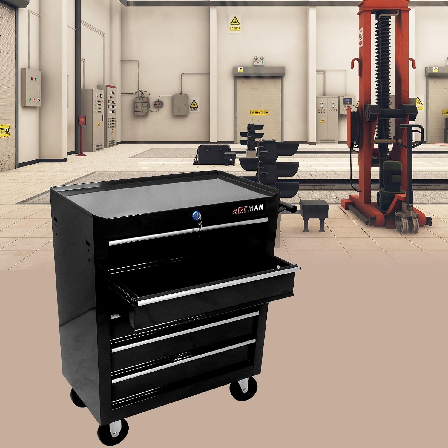 Rolling Tool Chest, 5-Drawer Tool Cabinet with Wheels, Heavy-Duty Steel Tool Storage Cabinet, Lockable Tool Box on Wheels for Garage & Workshop, Black