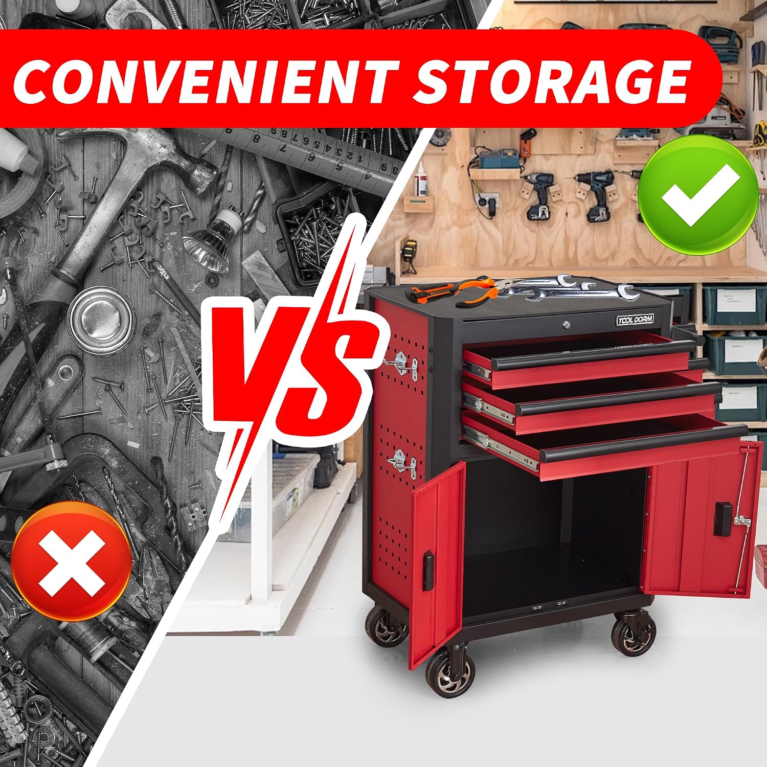 Tool Chest with Wheels - 28inch Tool Box with 3 Drawers & 1 Big Tool Cabinet with 2 Door, Metal Rolling Tool Cabinet with Locking System, for Garage, Warehouse, Workshop, Repair Shop