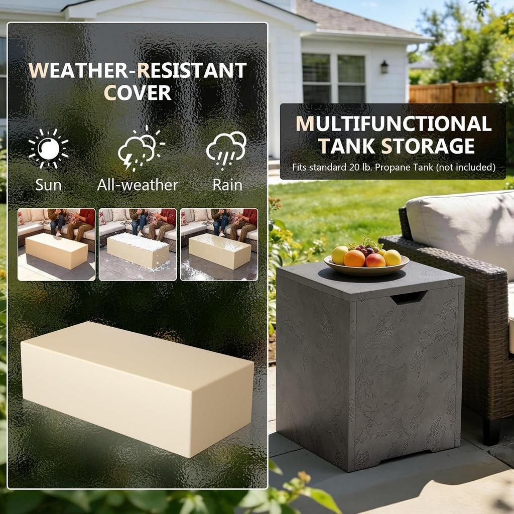 Dineli 2-Piece Outdoor Propane Fire Pit Table Set w Tank Table 42'' Rectangular Firepit with 50,000 BTU Output Gas Fire Pits for Outside Patio Fire Table Tabletop Fire Pits, Gray- Rock Veins