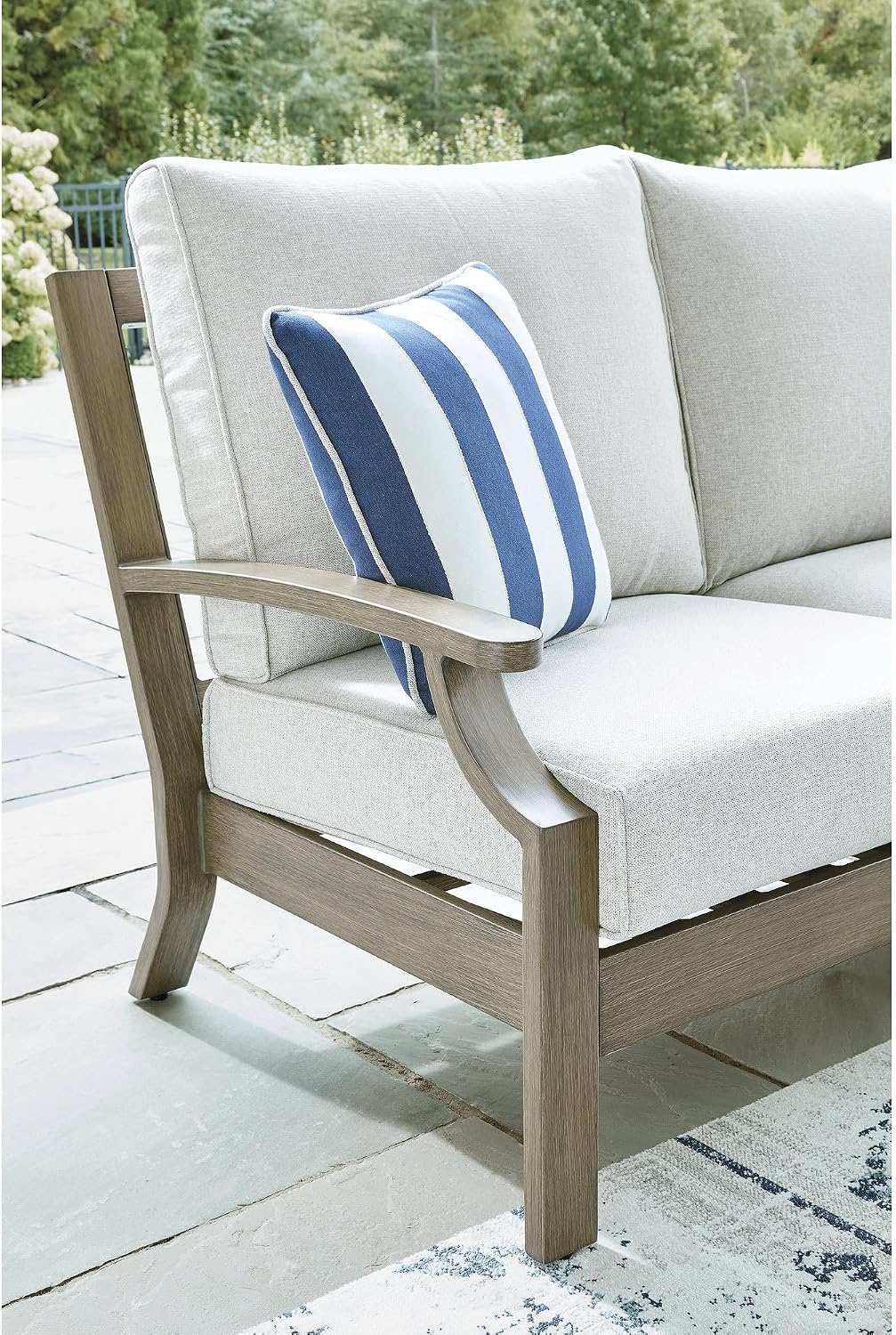 Signature Design by Ashley Rainier Ranch Casual Nuvella Weather Resistant Fabric Outdoor Loveseat with Cushion and 2 Accent Pillows, Light Brown & Light Gray