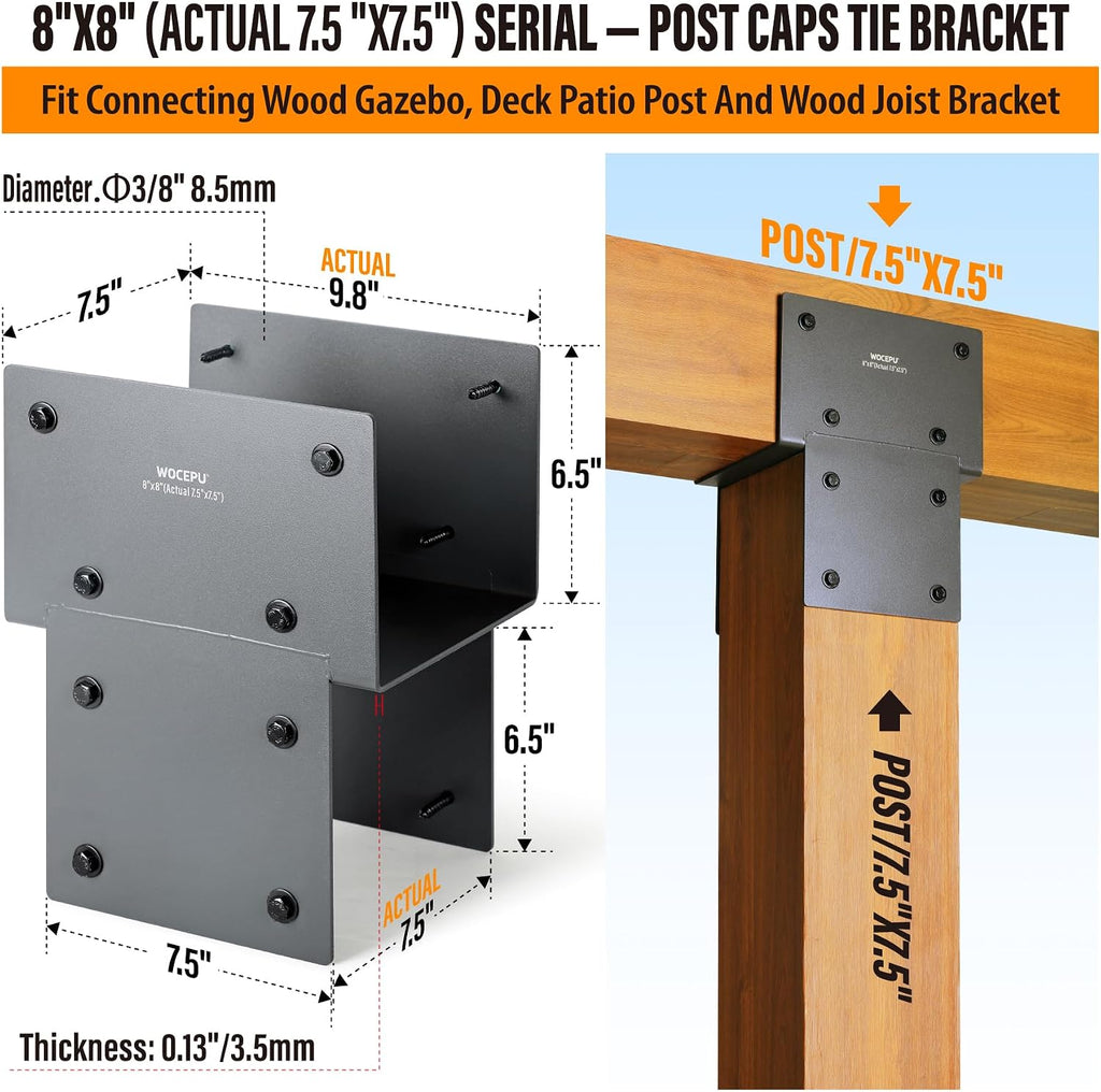 2 Pack Heavy Duty 8x8 (Actual 7.5'x7.5') Stainless Steel Post Caps Tie Bracket , Fit Connecting Wood Gazebo, Deck Patio Post and Wood Beams Bracket ( Dark Ggray)