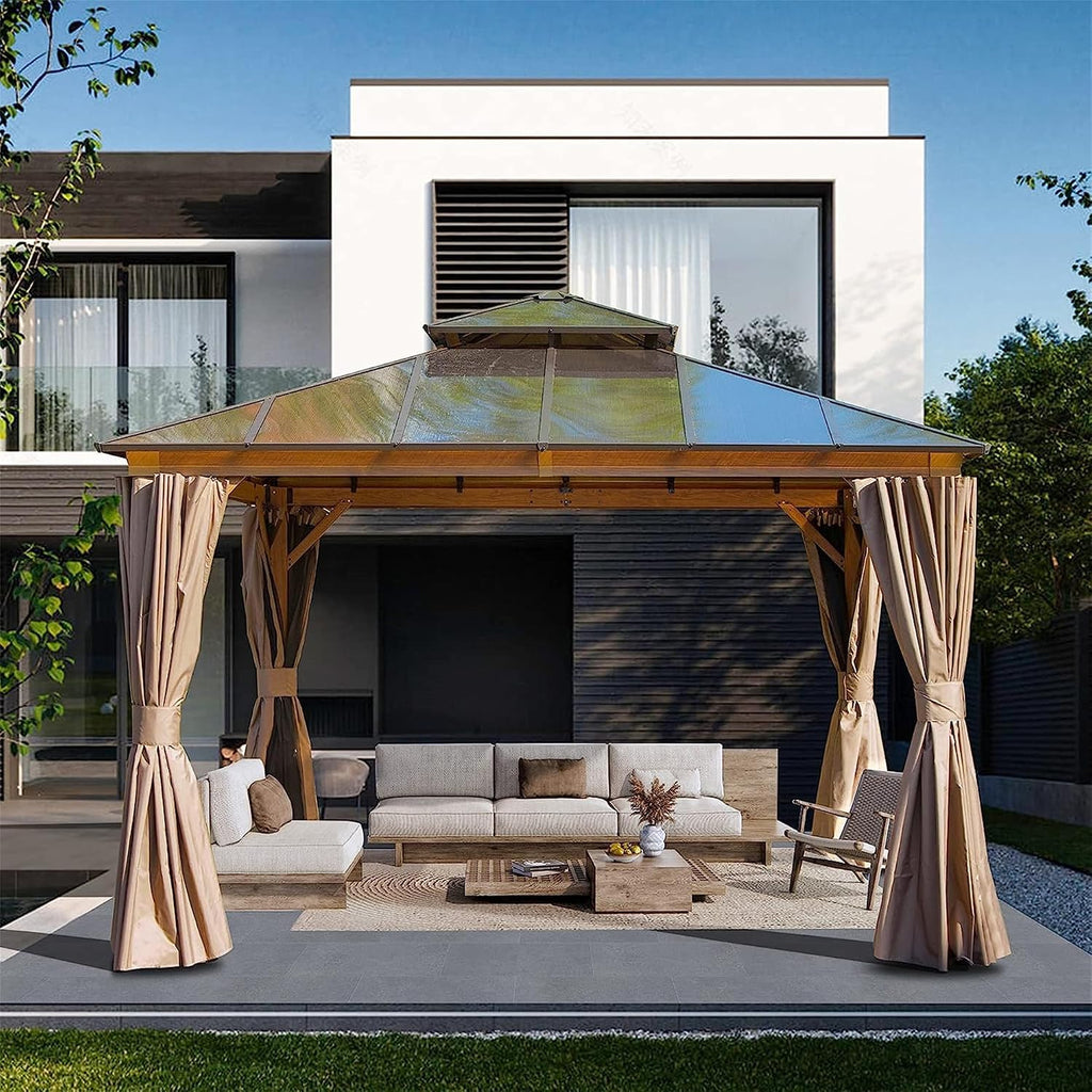 12x12Ft Hardtop Gazebo Wood-Looking Aluminum Frame Patio Gazebos with Polycarbonate Double Roof Permanent Gazebo Pavilion with Curtain and Netting for Garden Patio Lawns Deck Backyard
