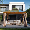 12x12Ft Hardtop Gazebo Wood-Looking Aluminum Frame Patio Gazebos with Polycarbonate Double Roof Permanent Gazebo Pavilion with Curtain and Netting for Garden Patio Lawns Deck Backyard