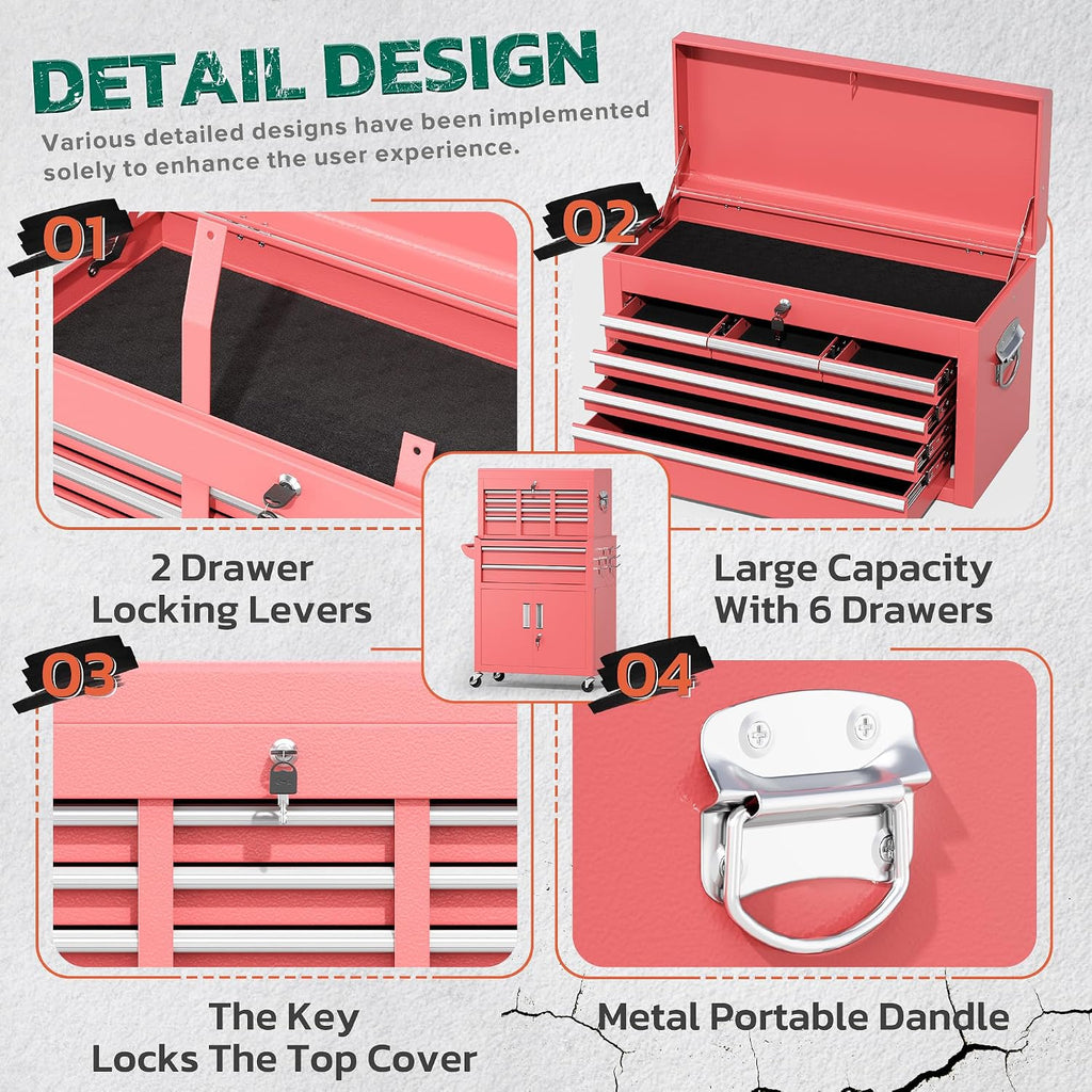Greenvelly Tool Chest, 8-Drawer Rolling Tool Chest with Hooks and Lockable Wheels,Metal Storage Detachable Top Tool Box with Lockable Wheels for Garage,Workshop,Art Studio(Pink)