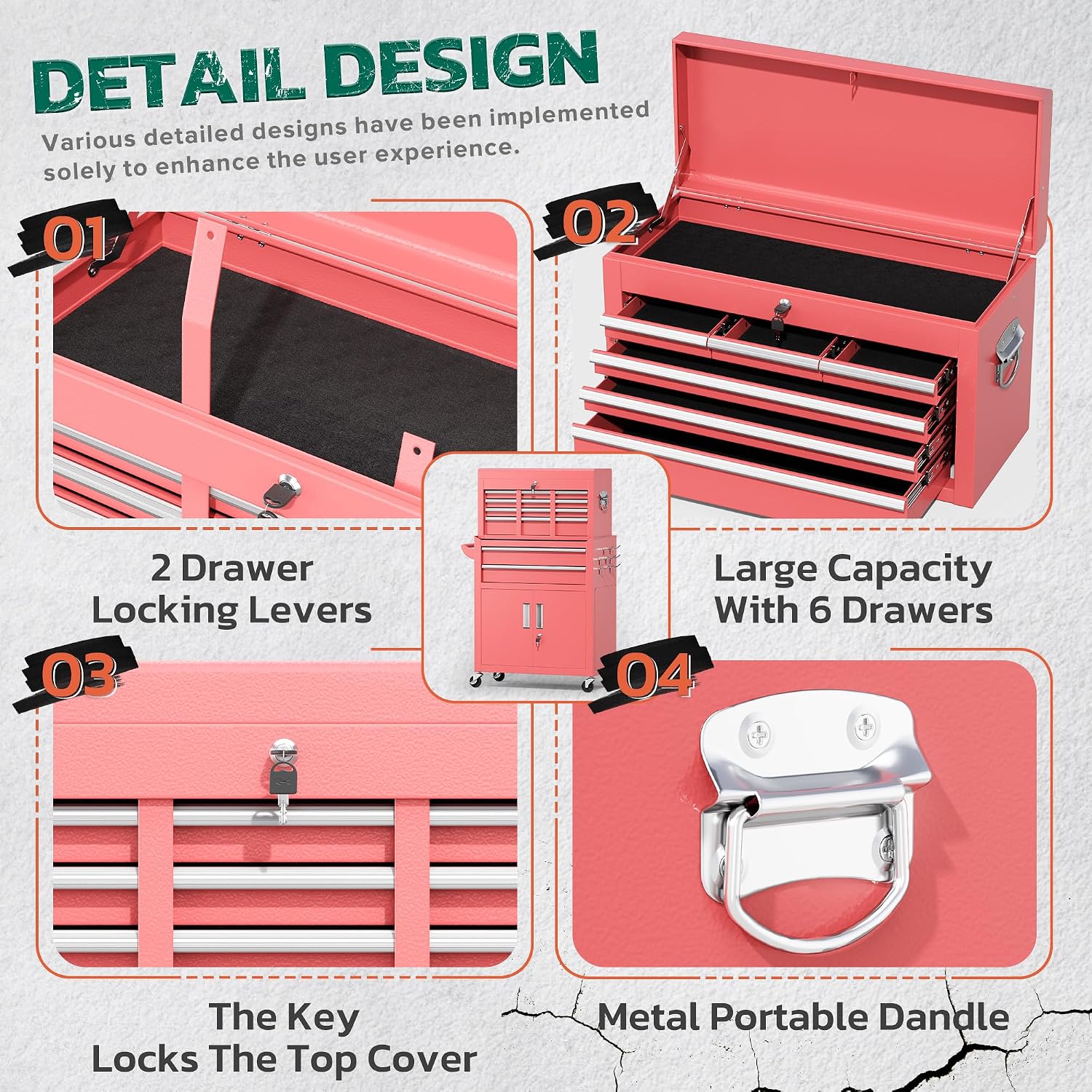 Greenvelly Tool Chest, 8-Drawer Rolling Tool Chest with Hooks and Lockable Wheels,Metal Storage Detachable Top Tool Box with Lockable Wheels for Garage,Workshop,Art Studio(Pink)