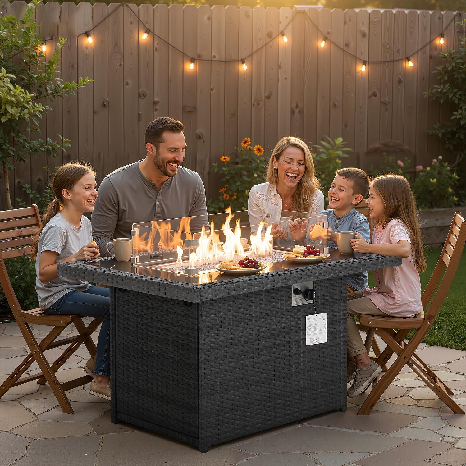 NICESOUL Wicker Propane Fire Pit Table, 60000 BTU Large Natural Gas Firepit Tables, 43'' Rectangle CSA Fireplaces for Deck Backyard, Fire Table with Windguard&Glass Rocks&Cover, Gray