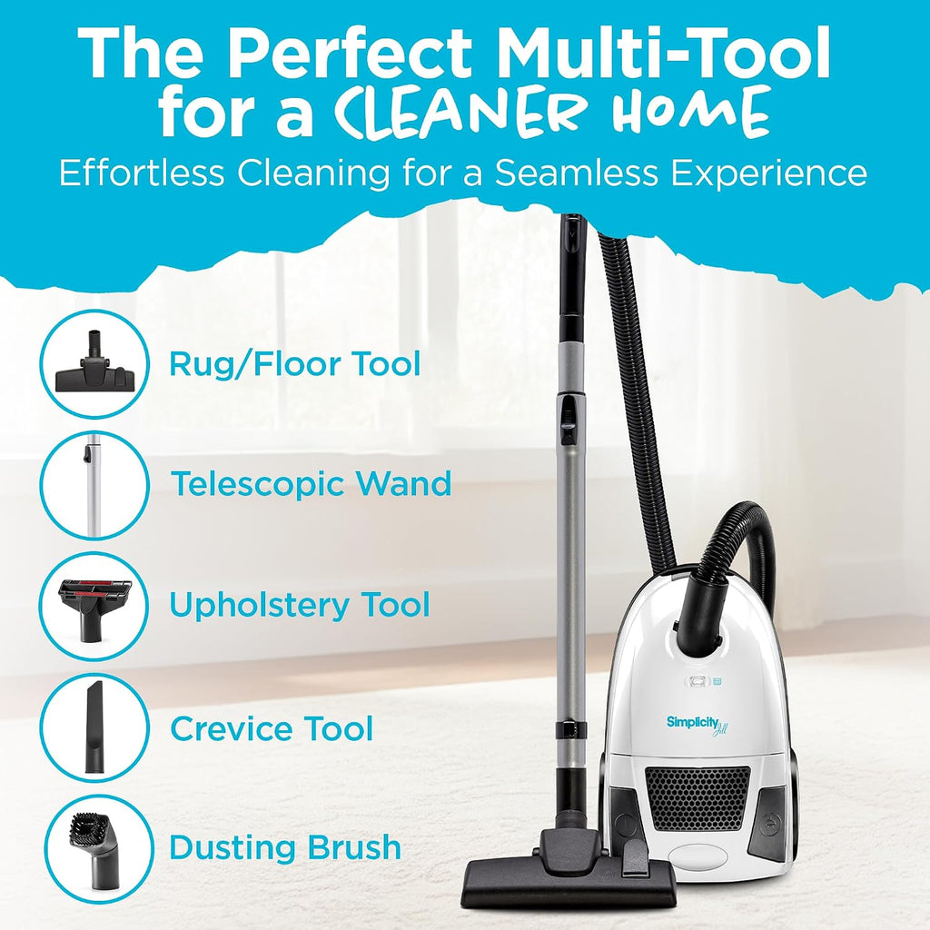 Simplicity Vacuums Jill Lightweight Bagged Canister Vacuum Cleaner – Bagged Vacuum Cleaner with Certified HEPA Filter, Adjustable Suction, Suitable for Floor and Rug Cleaning