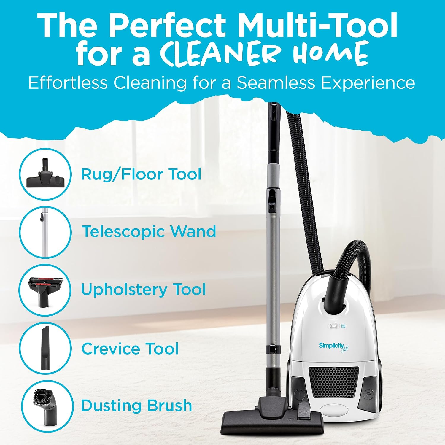 Simplicity Vacuums Jill Lightweight Bagged Canister Vacuum Cleaner – Bagged Vacuum Cleaner with Certified HEPA Filter, Adjustable Suction, Suitable for Floor and Rug Cleaning