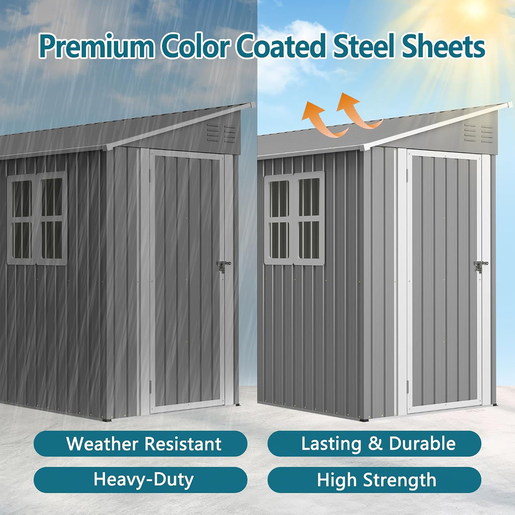 YOPTO 4x10 FT Lean to Outdoor Storage Shed with Floor Kit,Metal Shed W/Left/Right Optional Lockable Door & 2 Windows,Garden Tool Storage House W/Air Vents & Sloping Roof,for Backyard,Patio,Gray