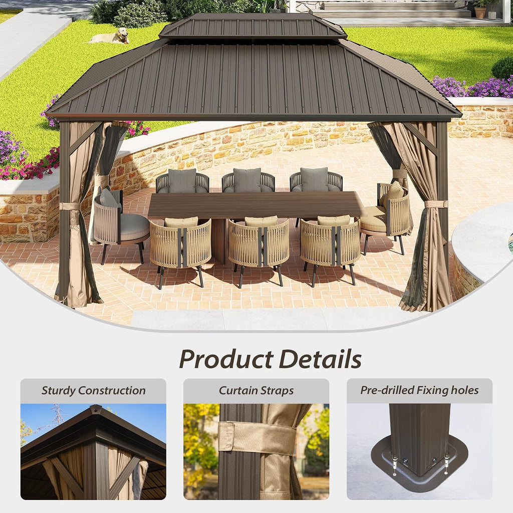 Domi 12x16FT Outdoor Gazebo, Patio Gazebo with Galvanized Steel, Hardtop Gazbo for Patio, Deck, Backyard, Curtain and Netting Included