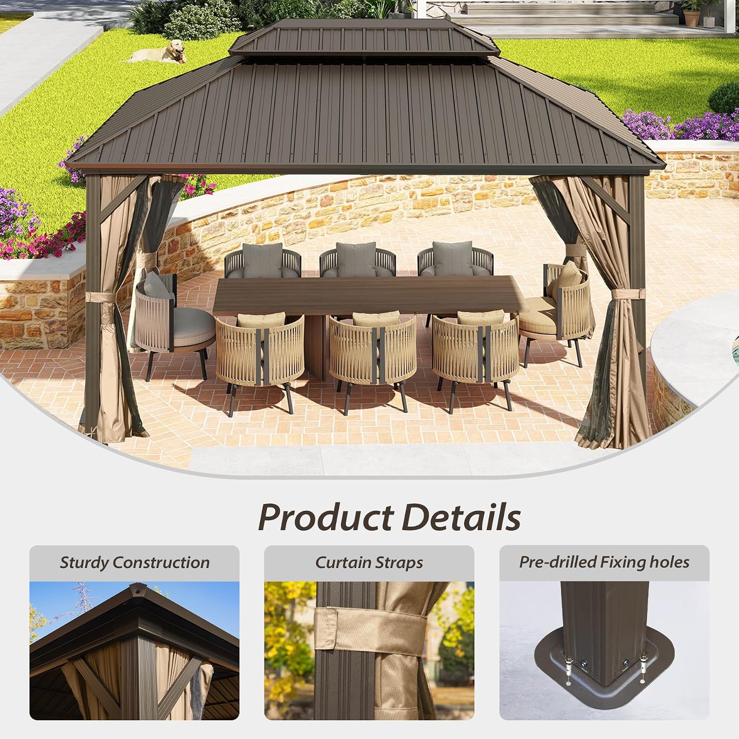 Domi 12x16FT Outdoor Gazebo, Patio Gazebo with Galvanized Steel, Hardtop Gazbo for Patio, Deck, Backyard, Curtain and Netting Included