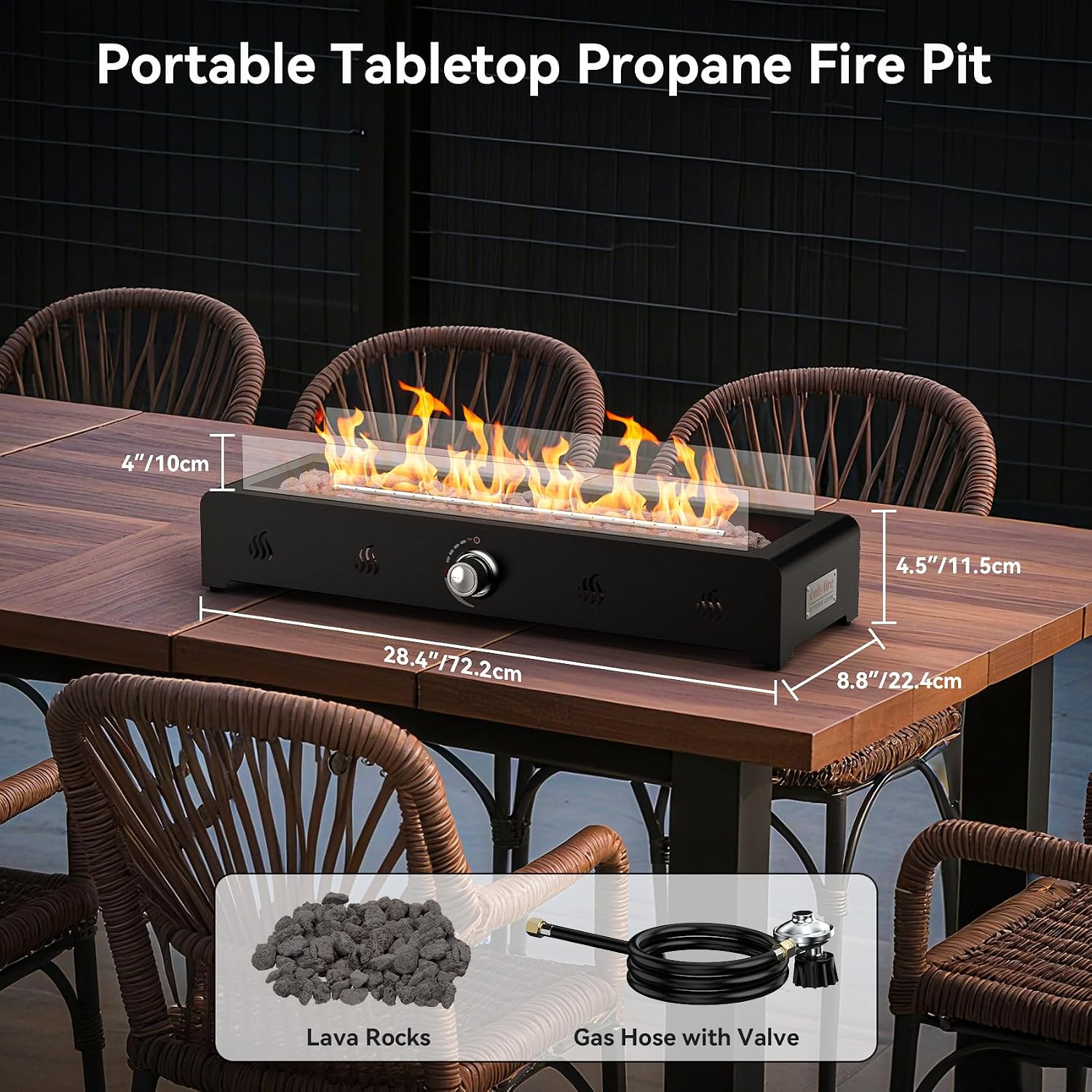 Onlyfire 28'' Tabletop Fire Pit Table, Propane Gas Firepit Bottom Mounted for Table with Umbrella Hole, Glass Wind Guard and Lava Rock, Outdoor Rectangular Smokeless Fireplace