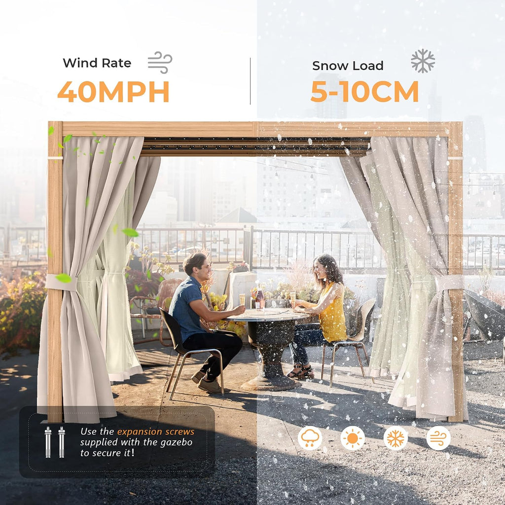 HAPPATIO Louvered Pergola 10' x13' Outdoor, Woodgrain-Look Aluminum Frame with Adjustable Rainproof Roof, Patio Pergola with Curtains and Mosquito Nets, Aluminum Frame for Patio, Backyard, Deck