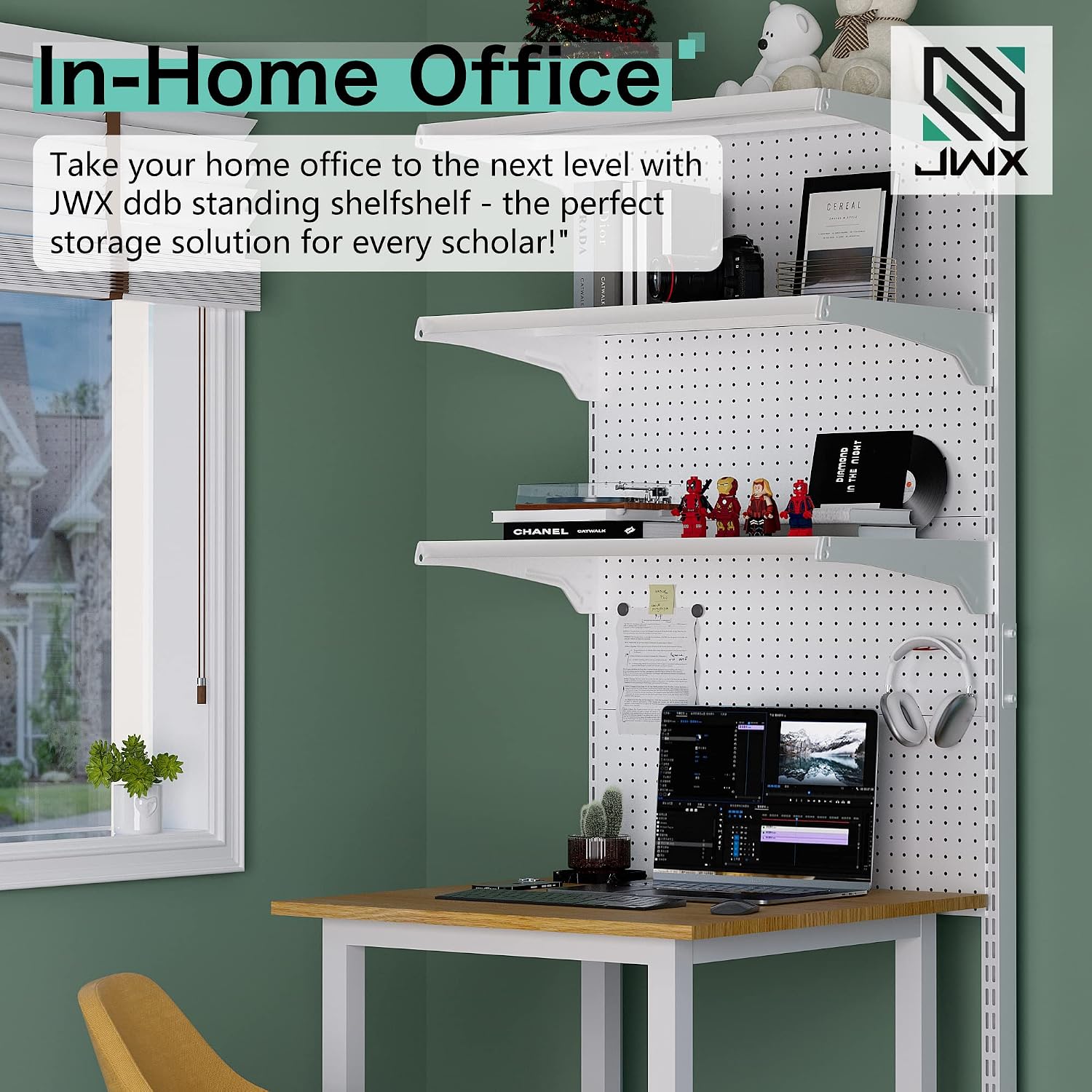JWX DDB Standing Pegboard Shelf Unit, 30'' White Home Office shlef cabinets with Metal Pegboard and 15 Pieces Organizer Tool Holders