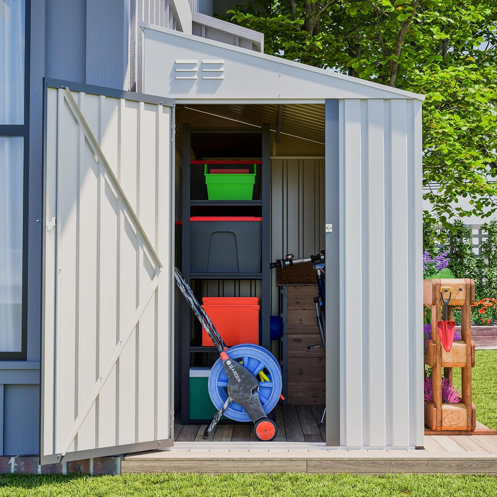 White 4' x 7' Lean-to Storage Shed, Heavy-Duty Metal Outdoor Garden & Bike Shed with Lockable Door, Easy Assembly Backyard Storage Solution