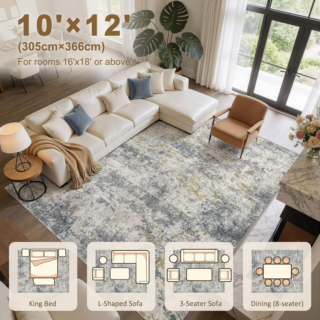 kakania 10x12 Washable Area Rug: Abstract Modern Non Slip Soft Low Pile Carpet, Easy Clean Polyester Kid Pet Friendly, Thin Rug for Living Room Bedroom Kids Dorm Office, Robot Vacuum - Blue Grey