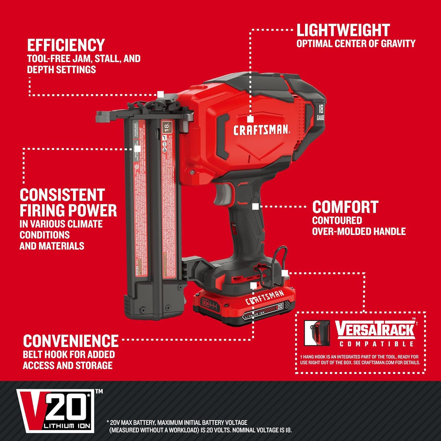 CRAFTSMAN V20 Cordless Brad Nailer, 18 Gauge Nail Gun, with Battery and Charger (CMCN618C1)