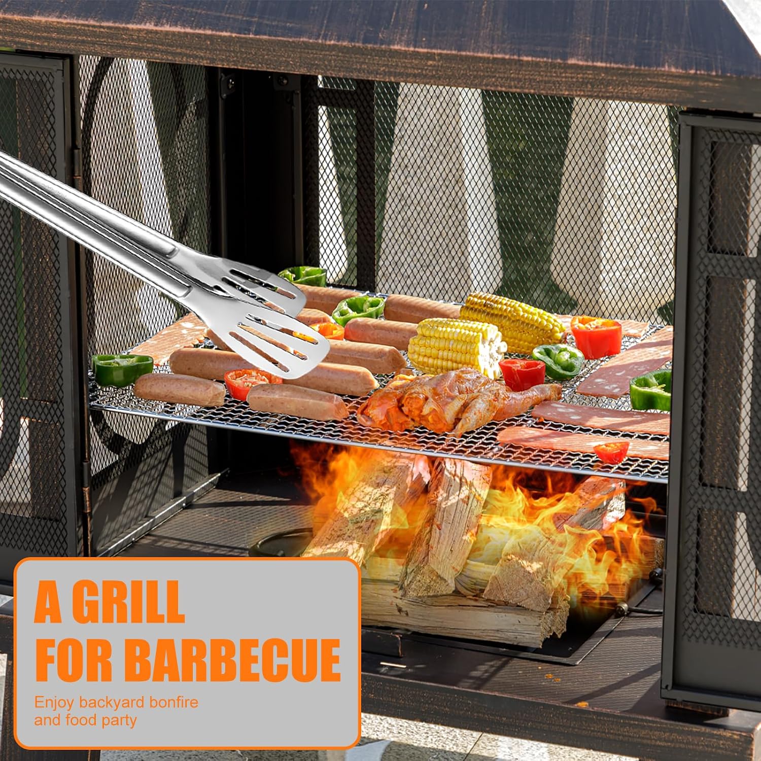 Panovue 45' H×31''W Metal Chiminea Fire Pit with Grill, Wood Burning Fire Pits for Outside,Square Chimineas Fireplace with Mesh Spark Screen Door& Fire Poker for Garden,Yard,BBQ,Bonfire (Black&Gold)