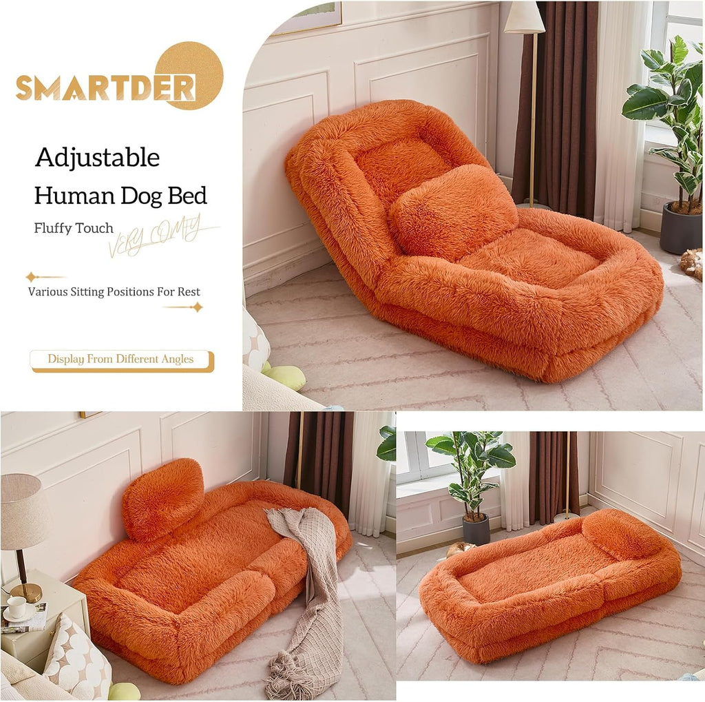 Adjustable Plush Human Dog Bed Lounger for Adult, 5-Position Foldable Lazy Lounge Sofa, Large Size Bean Bag Chair with Pillow, Folding Floor Chair for Living Room, Bedroom, Gaming Room, Orange