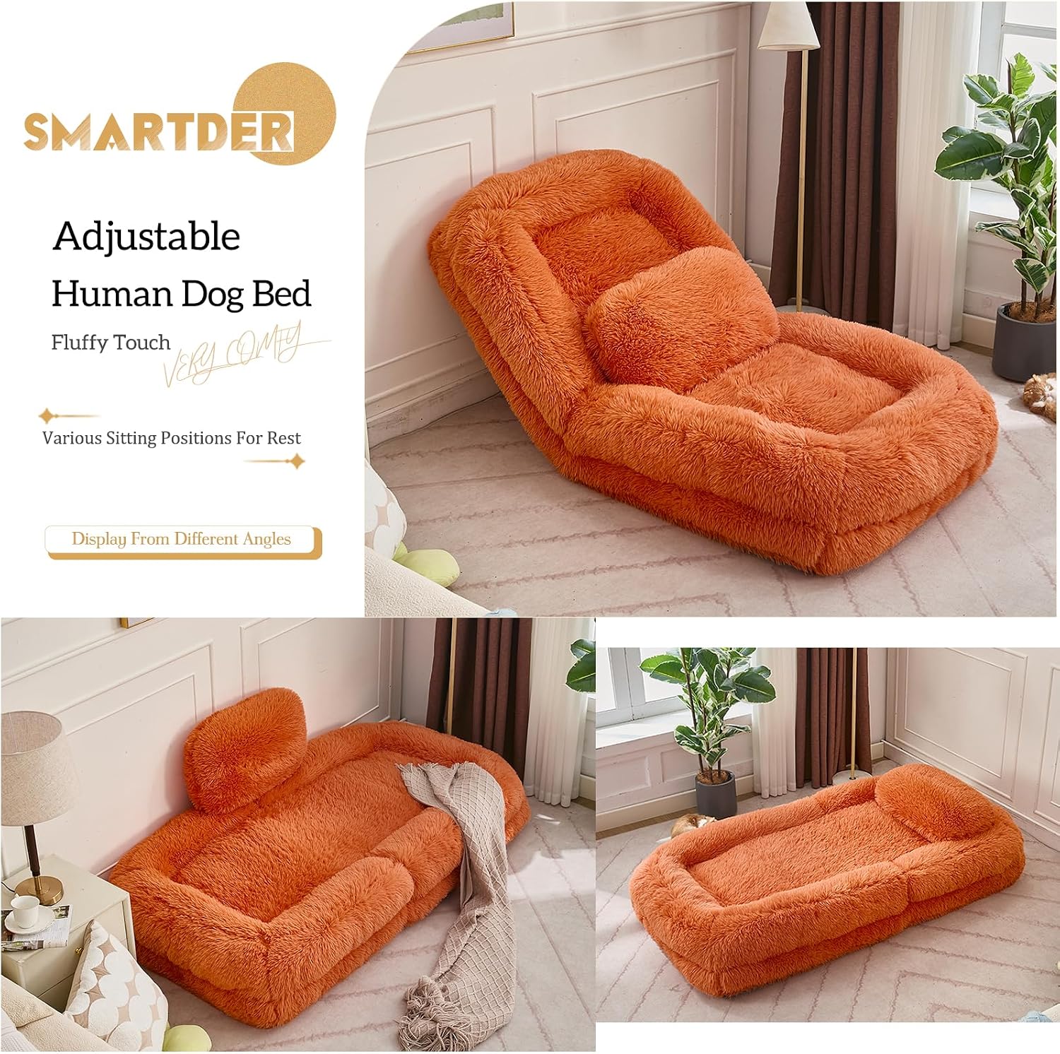 Adjustable Plush Human Dog Bed Lounger for Adult, 5-Position Foldable Lazy Lounge Sofa, Large Size Bean Bag Chair with Pillow, Folding Floor Chair for Living Room, Bedroom, Gaming Room, Orange