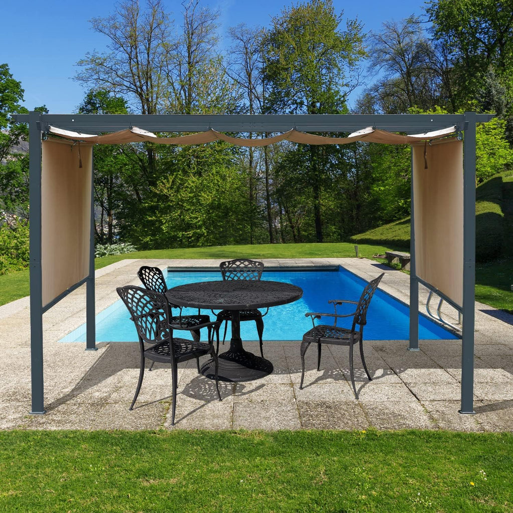 Aoodor 10 x 12 ft Outdoor Pergola with Retractable Shade Canopy, Matte Aluminum Frame, 4 Roller Shade Curtains, Grape Trellis for Patio, Backyard, Garden, and Deck, Brown