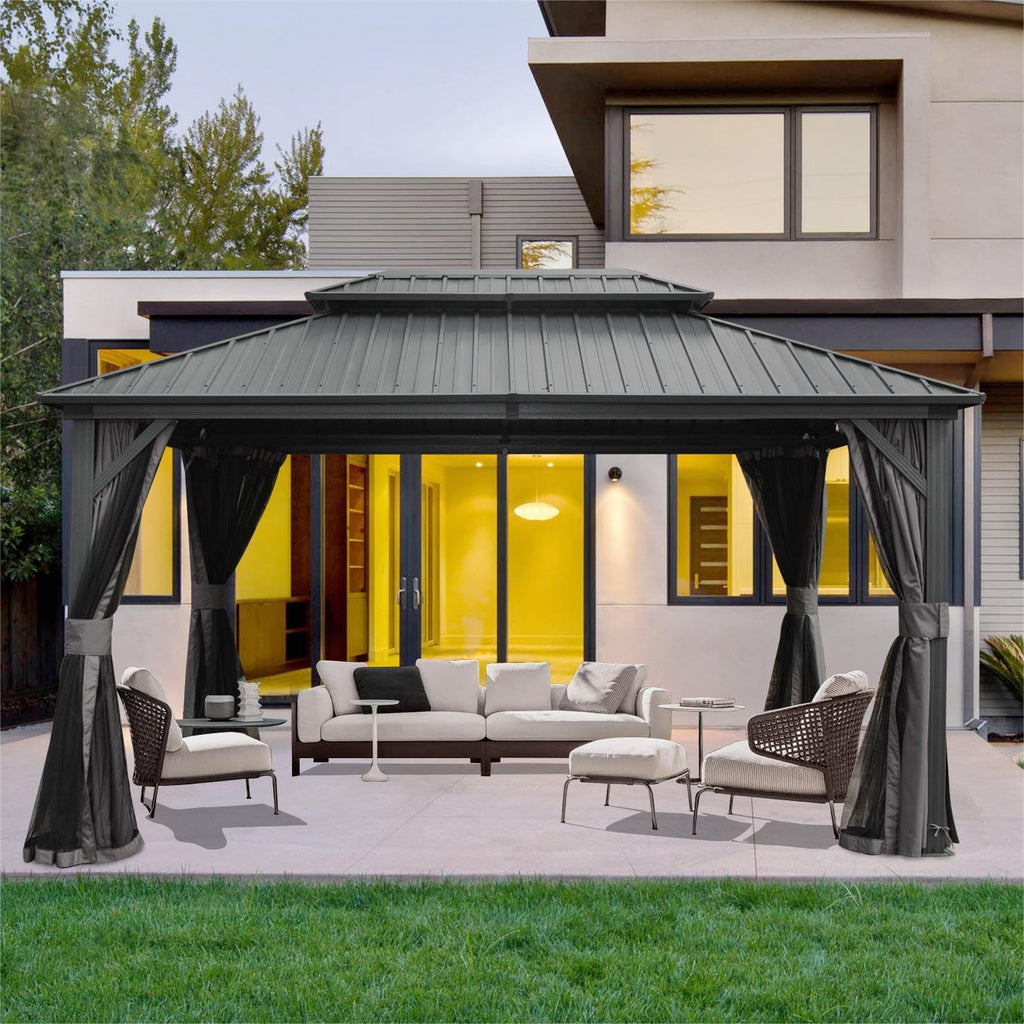 10' x 12' Hardtop Gazebo, Outdoor Aluminum Gazebo with Galvanized Steel Double Roof Canopy, Outdoor Permanent Metal Pavilion with Curtains and Netting for Patio, Backyard and Lawn, Dark Grey