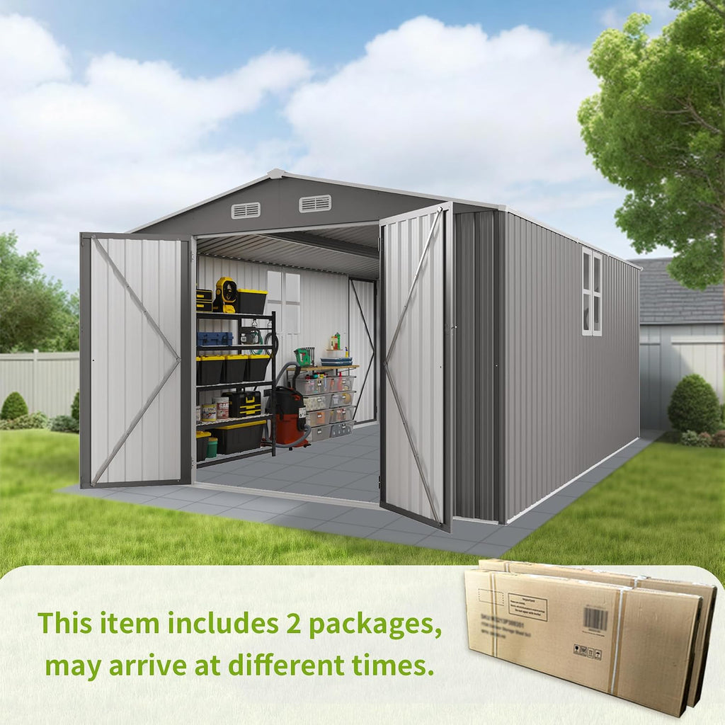 10x14 FT Outdoor Metal Storage Shed, Large Garden Backyard Tool Shed with Lockable Doors, Windows and Vents, Multi-Purpose Outside Bike Storage Sheds for Patio, Lawn, Poolside, Lawn Mowers, Gray