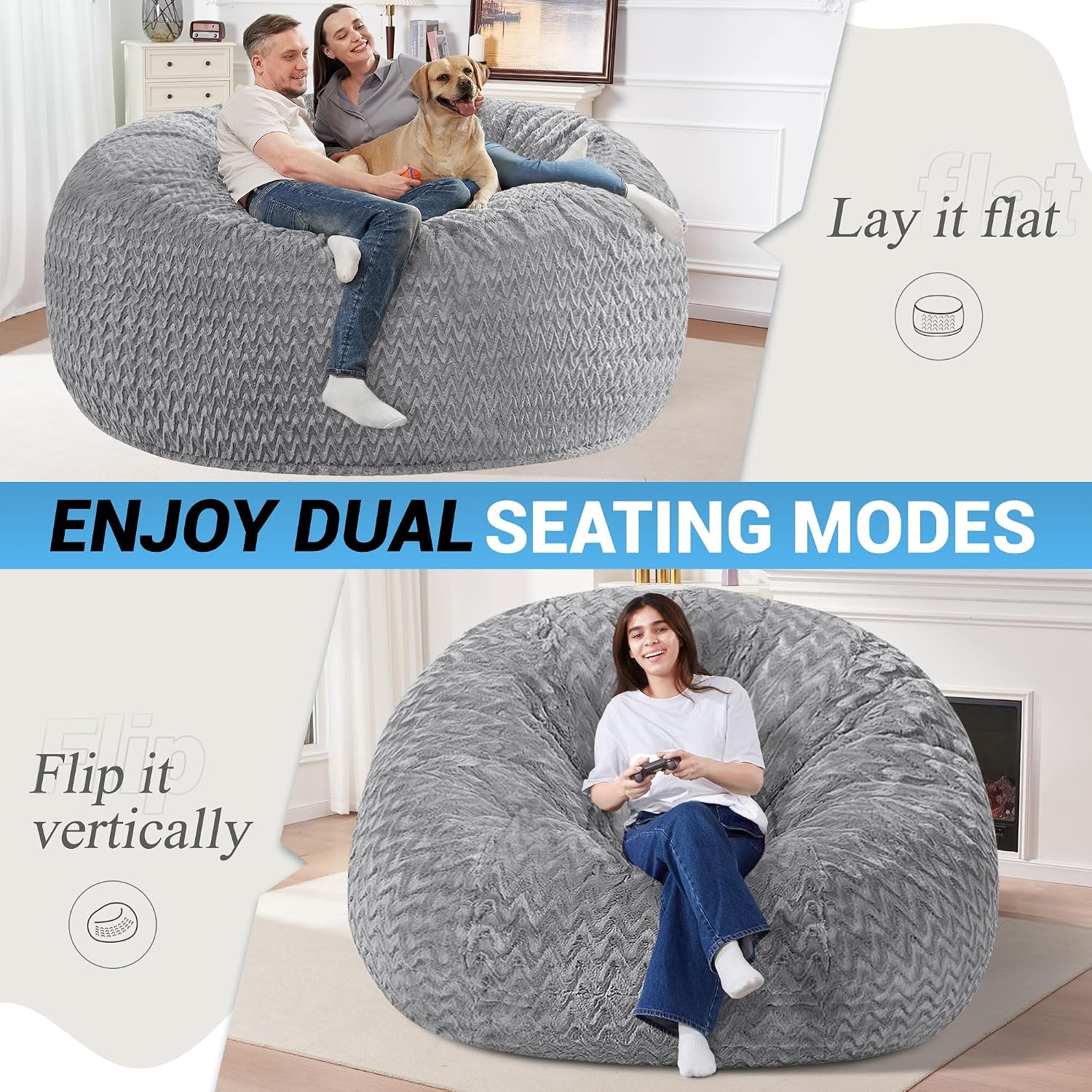 HABUTWAY 6FT Bean Bag Chair,Giant Bean Bag Chairs for Adults,Big Bean Bags with Memory Foam Filled, Large Beanbag Chairs with Chevron Plush Cover-Grey