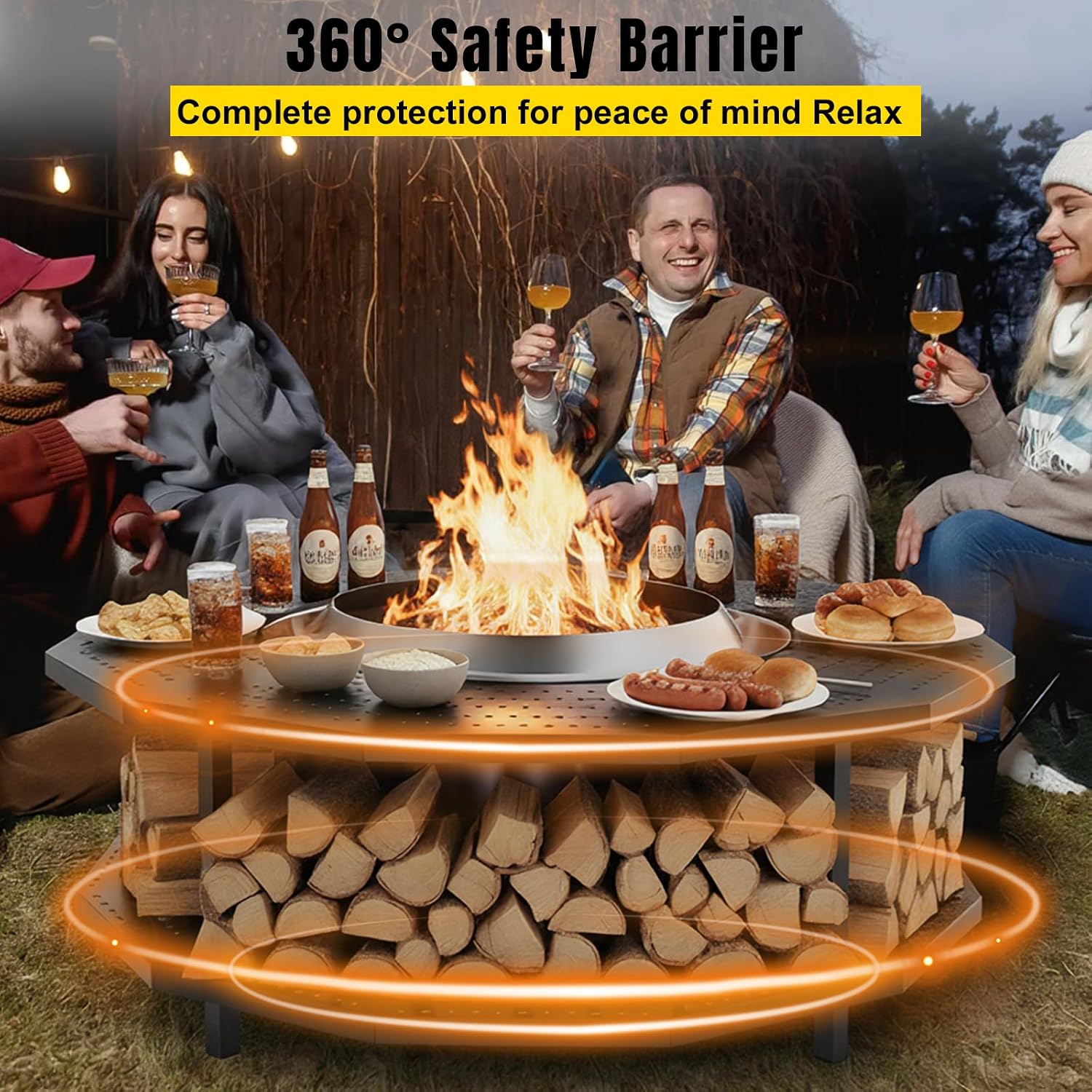 41' Fire Pit Surround Tabletop for Solo Stove Bonfire and Ranger Portable Protective Barrier for Wood Burning Fire Pits Outdoor Bonfire Fire Pit with Firewood Storage Shelf