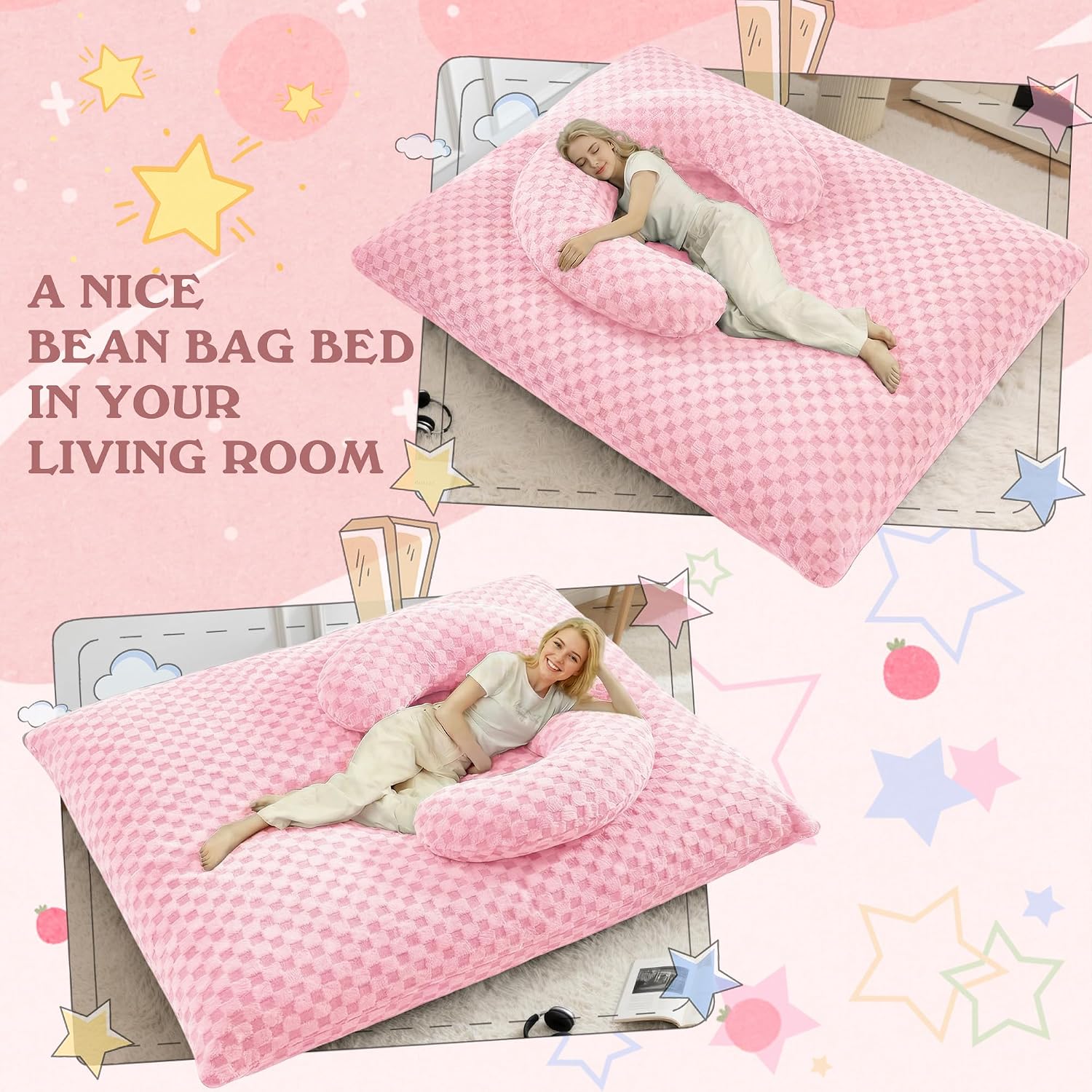 HABUTWAY 3 in 1 Bean Bag Chair with Portable U-Shaped Pillow, Giant Bean Bag with Washable Cover, Convertible Sofa Bed (Pink)