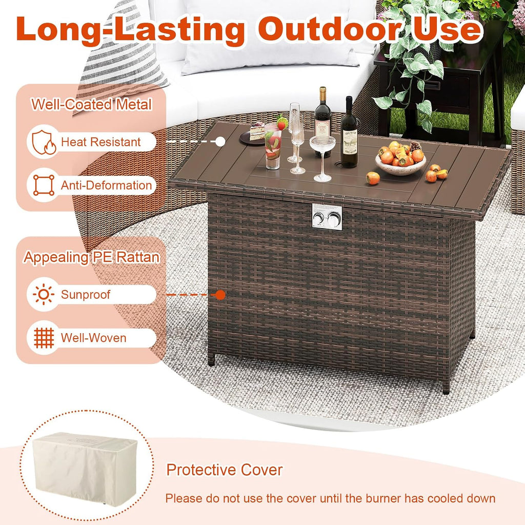 Tangkula 44.5 Inch Propane Fire Pit Table, Outdoor Rattan Gas Firepit with Metal Slatted Tabletop & Stainless Steel Burner, Rectangle Fire Pit with Lava Rocks & Protective Cover for Outside Patio